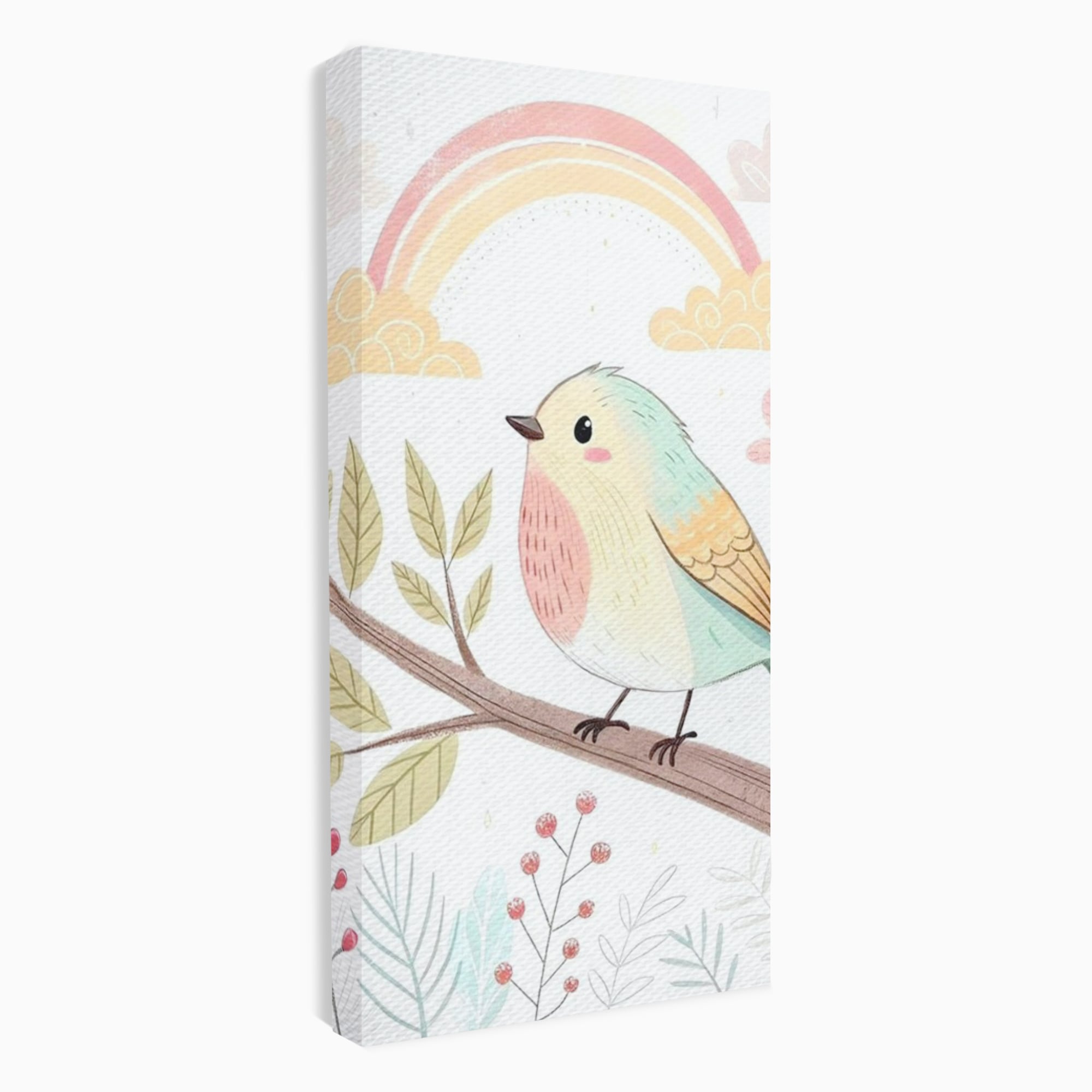 Tablou Canvas Premium, LuxCanva® K1049, Cantec in Culorile Cerului, Pasare, Ramura, Curcubeu, Norisori, Pastel, Fluturasi, Frunze, Flori, Cantecel, Padure, Pajiste, Camera Copil, Dormitor
