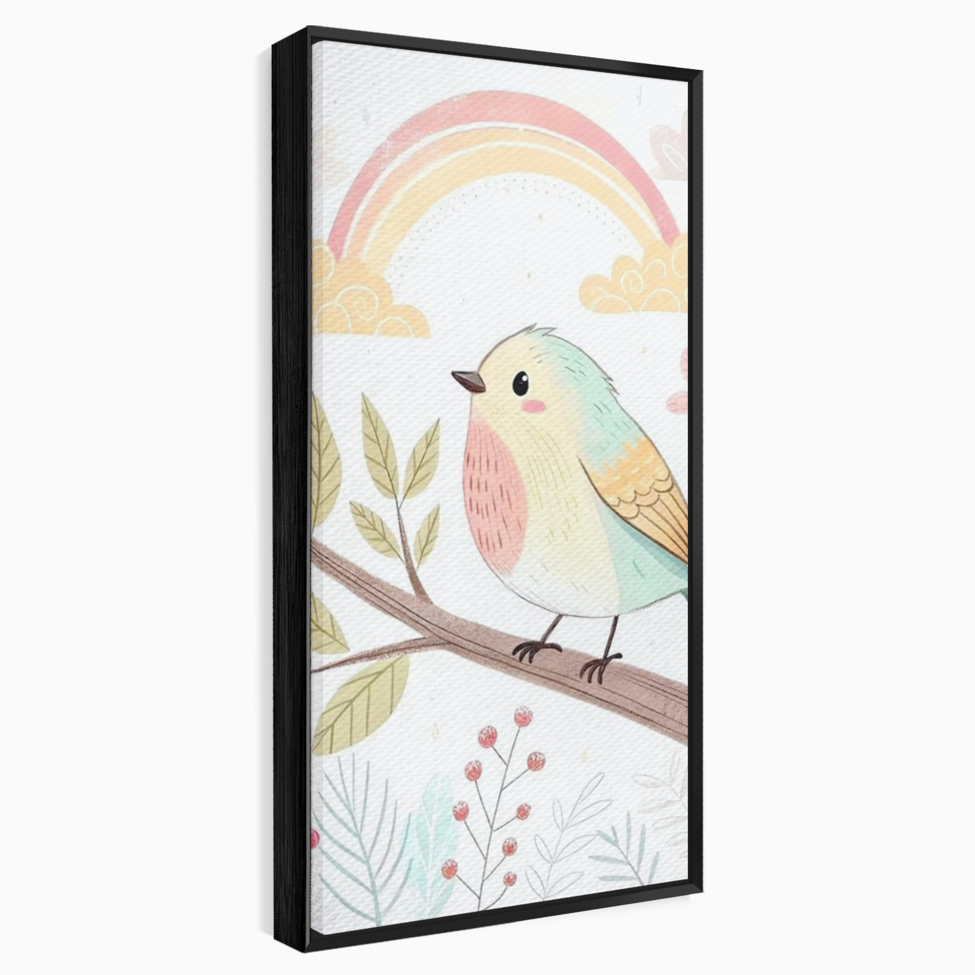 Tablou Canvas Premium, LuxCanva® K1049, Cantec in Culorile Cerului, Pasare, Ramura, Curcubeu, Norisori, Pastel, Fluturasi, Frunze, Flori, Cantecel, Padure, Pajiste, Camera Copil, Dormitor