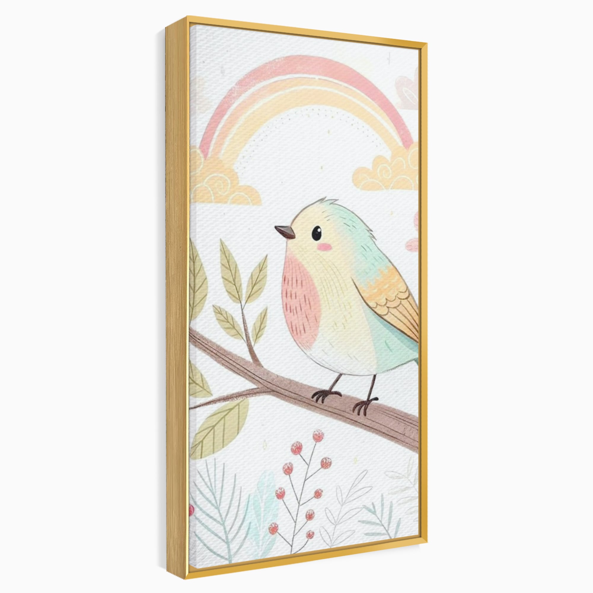 Tablou Canvas Premium, LuxCanva® K1049, Cantec in Culorile Cerului, Pasare, Ramura, Curcubeu, Norisori, Pastel, Fluturasi, Frunze, Flori, Cantecel, Padure, Pajiste, Camera Copil, Dormitor