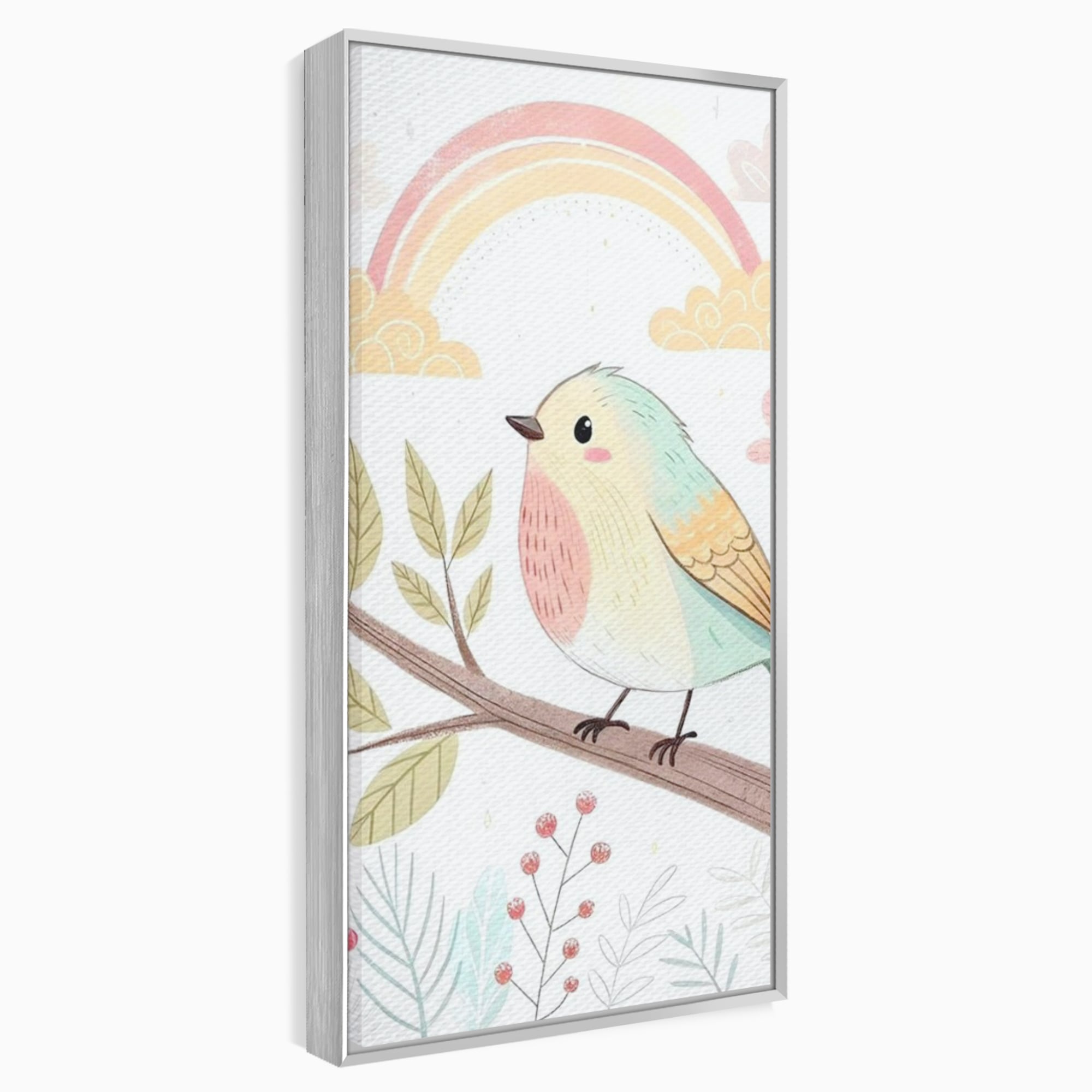 Tablou Canvas Premium, LuxCanva® K1049, Cantec in Culorile Cerului, Pasare, Ramura, Curcubeu, Norisori, Pastel, Fluturasi, Frunze, Flori, Cantecel, Padure, Pajiste, Camera Copil, Dormitor