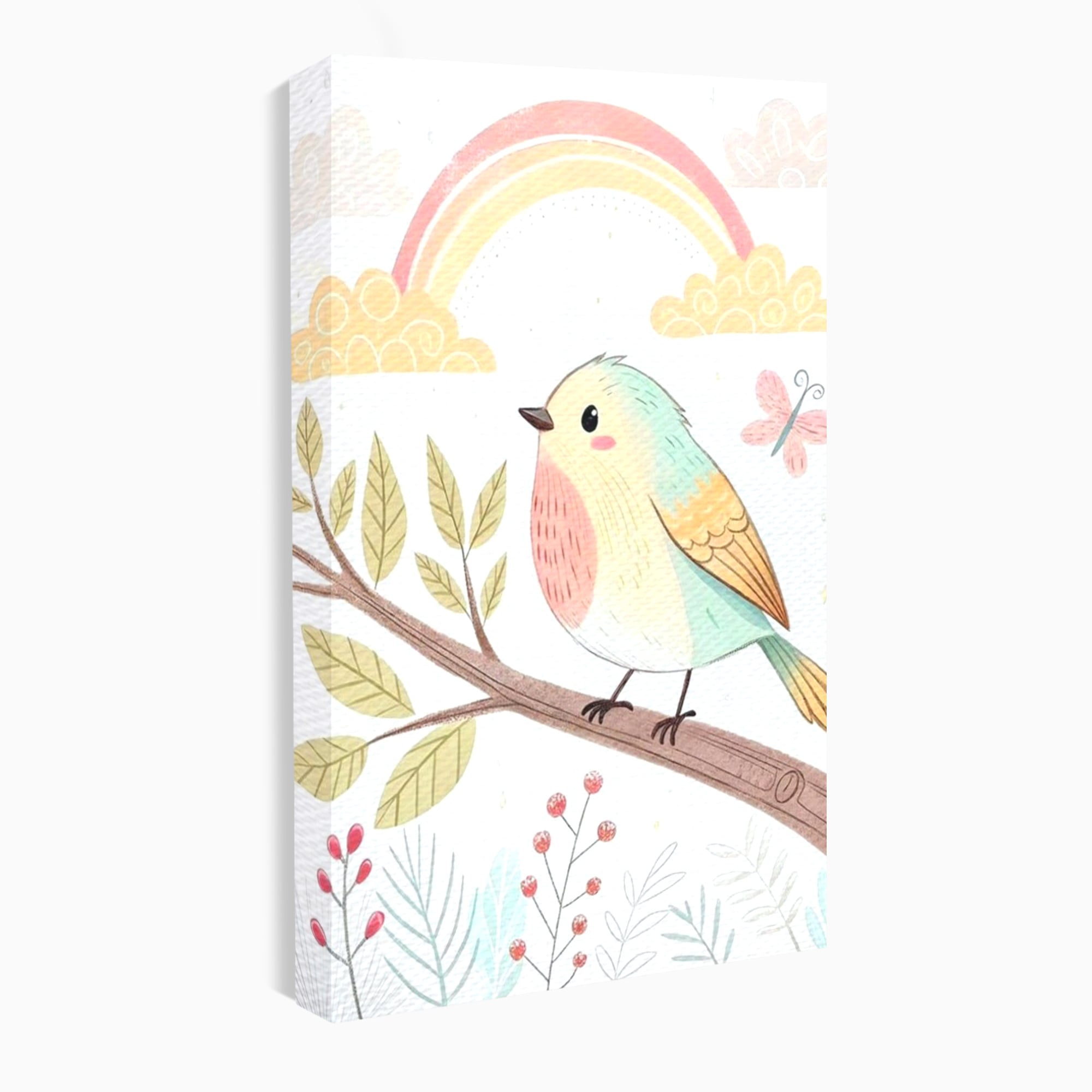 Tablou Canvas Premium, LuxCanva® K1049, Cantec in Culorile Cerului, Pasare, Ramura, Curcubeu, Norisori, Pastel, Fluturasi, Frunze, Flori, Cantecel, Padure, Pajiste, Camera Copil, Dormitor