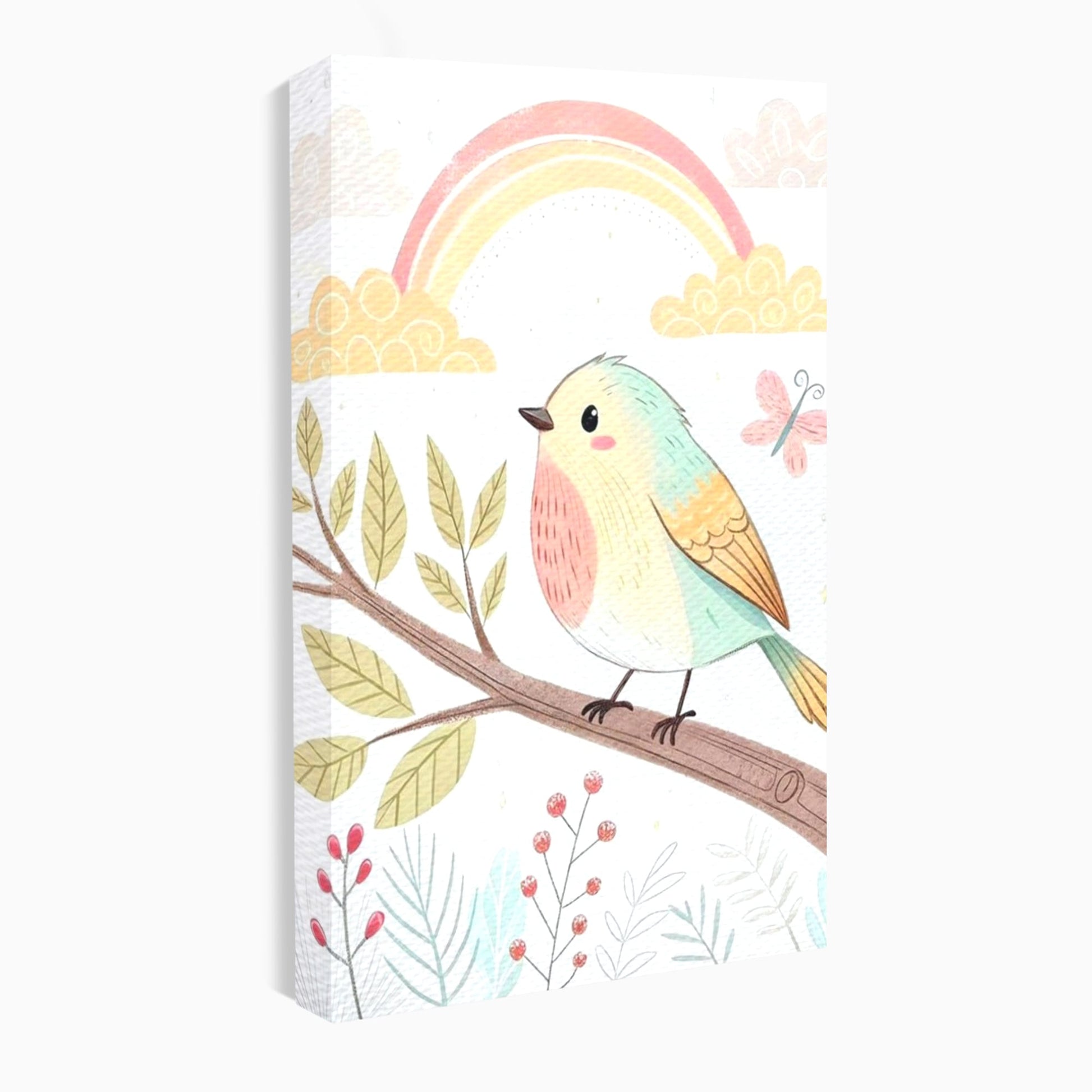 Tablou Canvas Premium, LuxCanva® K1049, Cantec in Culorile Cerului, Pasare, Ramura, Curcubeu, Norisori, Pastel, Fluturasi, Frunze, Flori, Cantecel, Padure, Pajiste, Camera Copil, Dormitor
