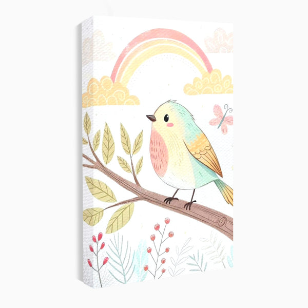 Tablou Canvas Premium, LuxCanva® K1049, Cantec in Culorile Cerului, Pasare, Ramura, Curcubeu, Norisori, Pastel, Fluturasi, Frunze, Flori, Cantecel, Padure, Pajiste, Camera Copil, Dormitor