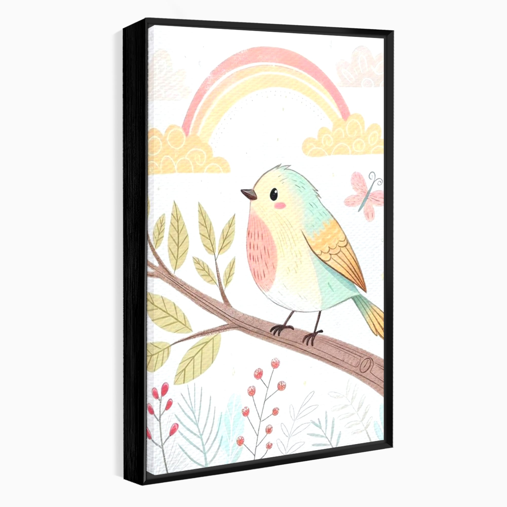 Tablou Canvas Premium, LuxCanva® K1049, Cantec in Culorile Cerului, Pasare, Ramura, Curcubeu, Norisori, Pastel, Fluturasi, Frunze, Flori, Cantecel, Padure, Pajiste, Camera Copil, Dormitor