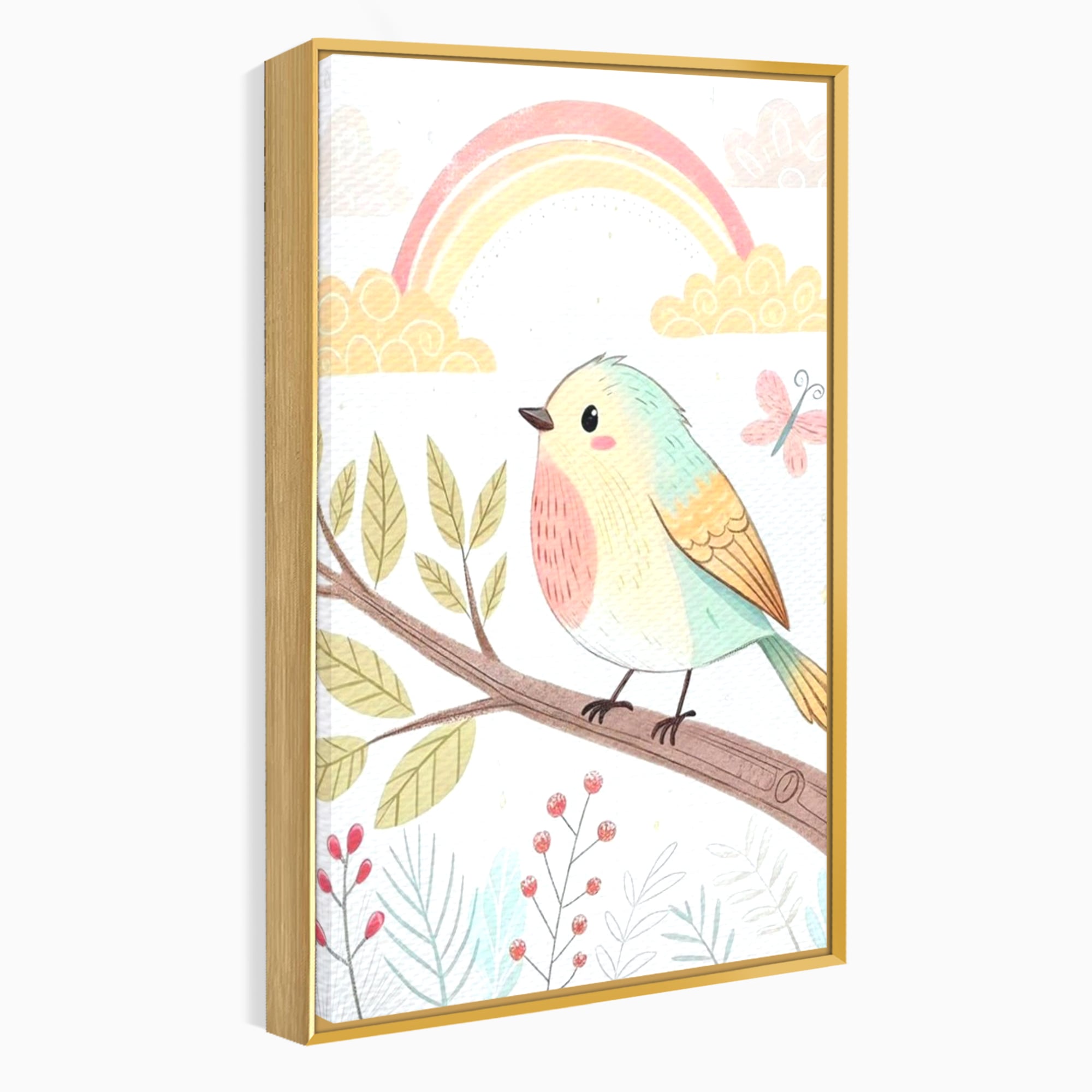 Tablou Canvas Premium, LuxCanva® K1049, Cantec in Culorile Cerului, Pasare, Ramura, Curcubeu, Norisori, Pastel, Fluturasi, Frunze, Flori, Cantecel, Padure, Pajiste, Camera Copil, Dormitor
