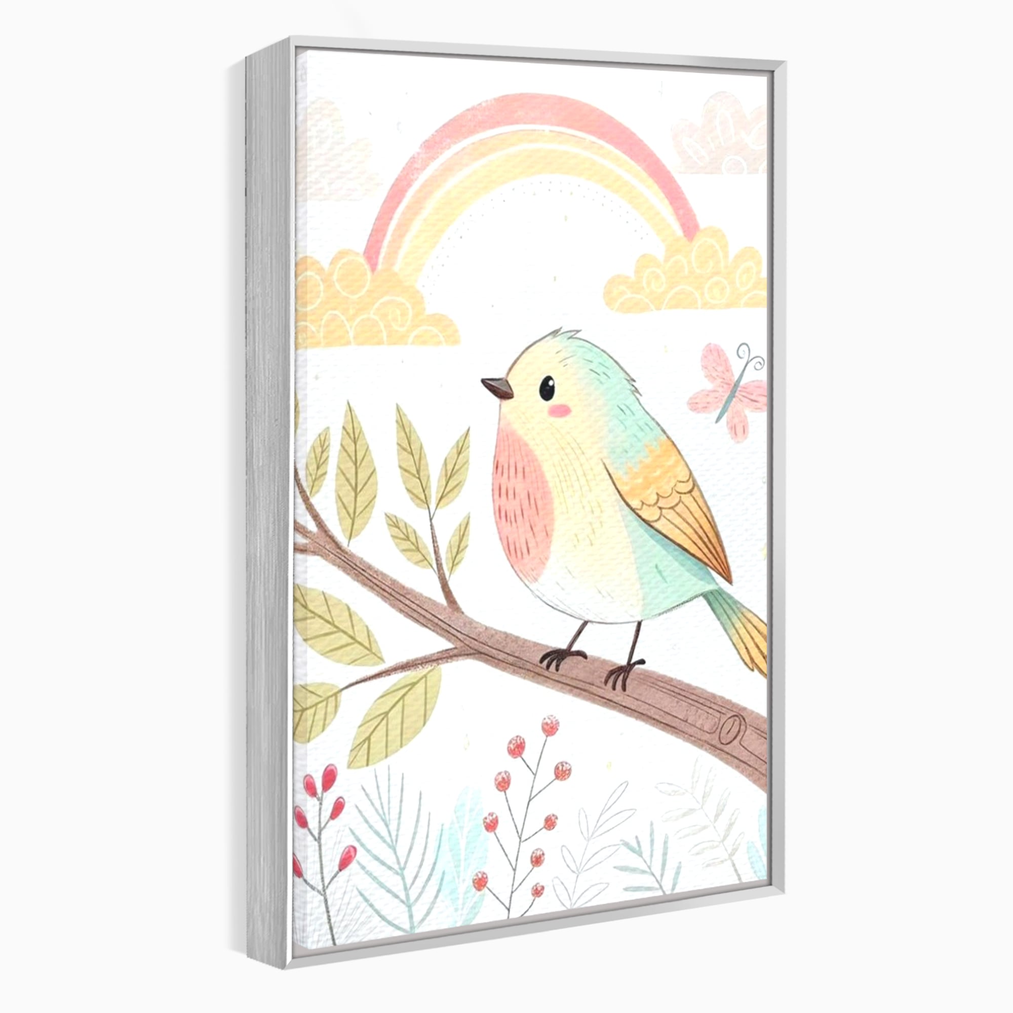 Tablou Canvas Premium, LuxCanva® K1049, Cantec in Culorile Cerului, Pasare, Ramura, Curcubeu, Norisori, Pastel, Fluturasi, Frunze, Flori, Cantecel, Padure, Pajiste, Camera Copil, Dormitor