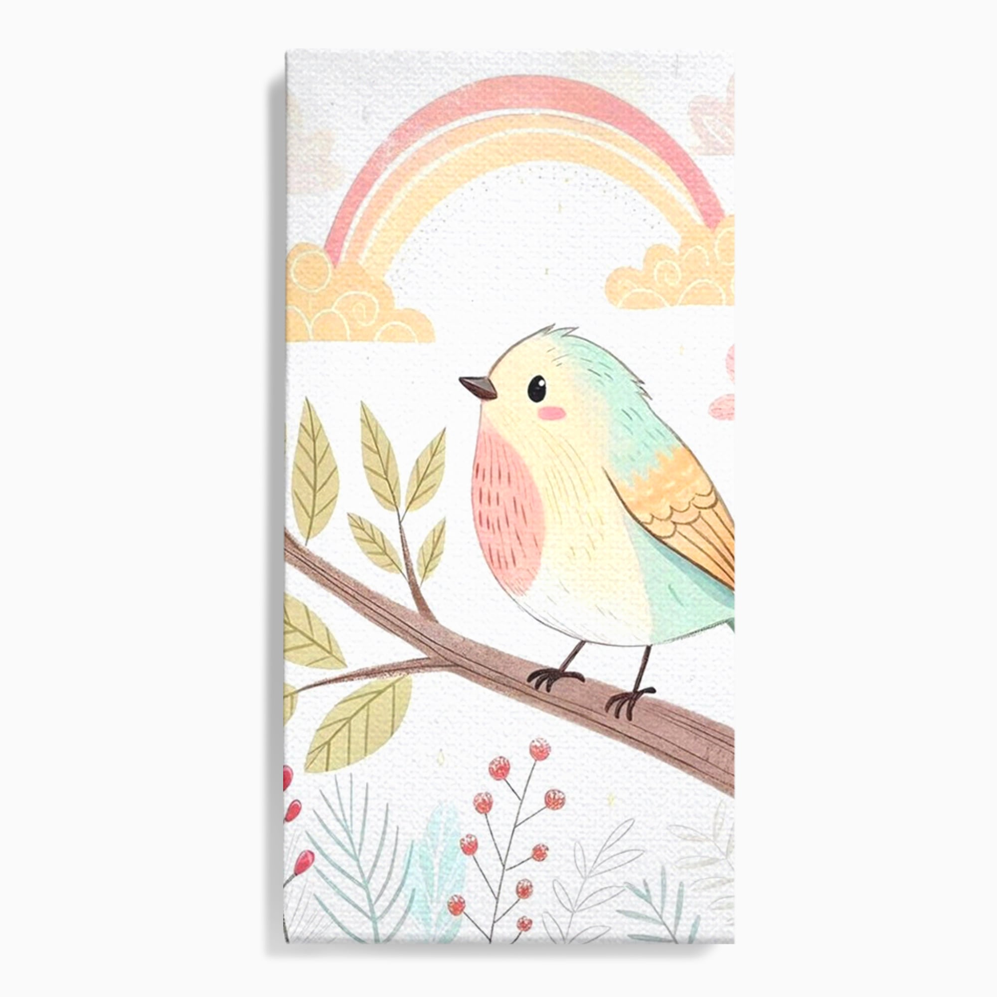 Tablou Canvas Premium, LuxCanva® K1049, Cantec in Culorile Cerului, Pasare, Ramura, Curcubeu, Norisori, Pastel, Fluturasi, Frunze, Flori, Cantecel, Padure, Pajiste, Camera Copil, Dormitor