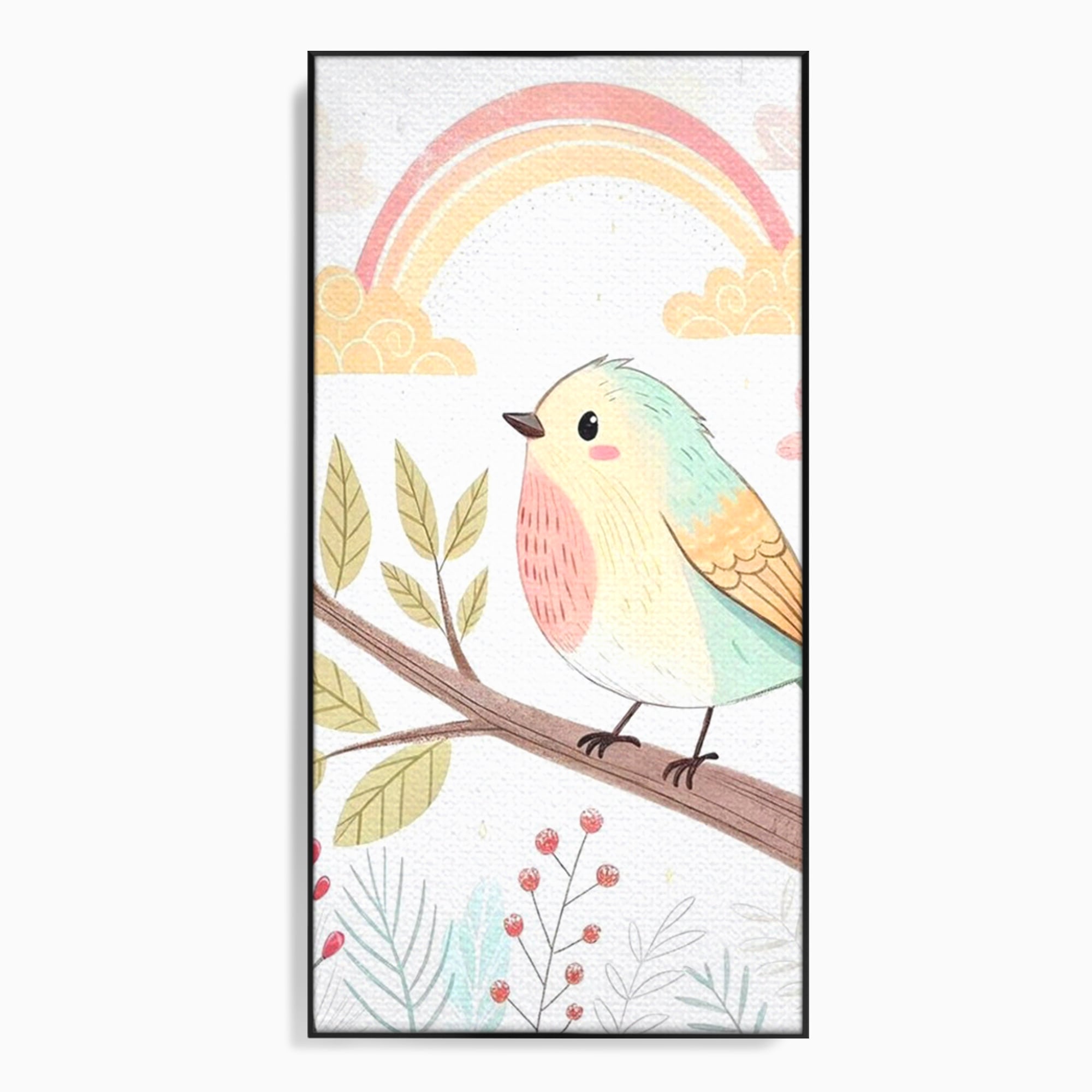 Tablou Canvas Premium, LuxCanva® K1049, Cantec in Culorile Cerului, Pasare, Ramura, Curcubeu, Norisori, Pastel, Fluturasi, Frunze, Flori, Cantecel, Padure, Pajiste, Camera Copil, Dormitor