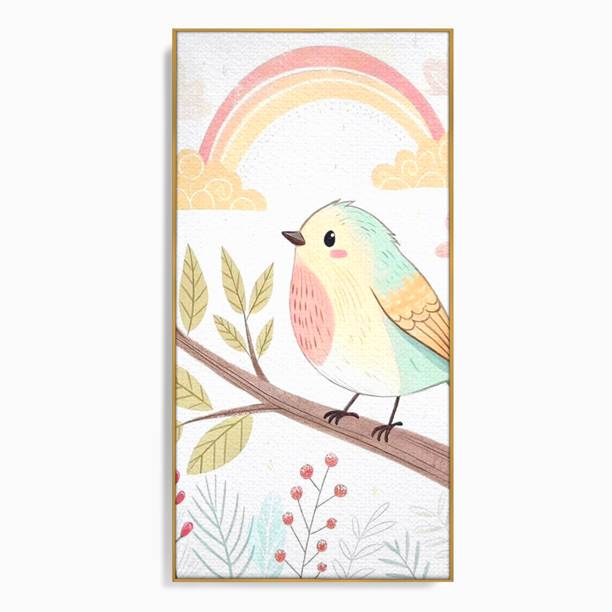 Tablou Canvas Premium, LuxCanva® K1049, Cantec in Culorile Cerului, Pasare, Ramura, Curcubeu, Norisori, Pastel, Fluturasi, Frunze, Flori, Cantecel, Padure, Pajiste, Camera Copil, Dormitor