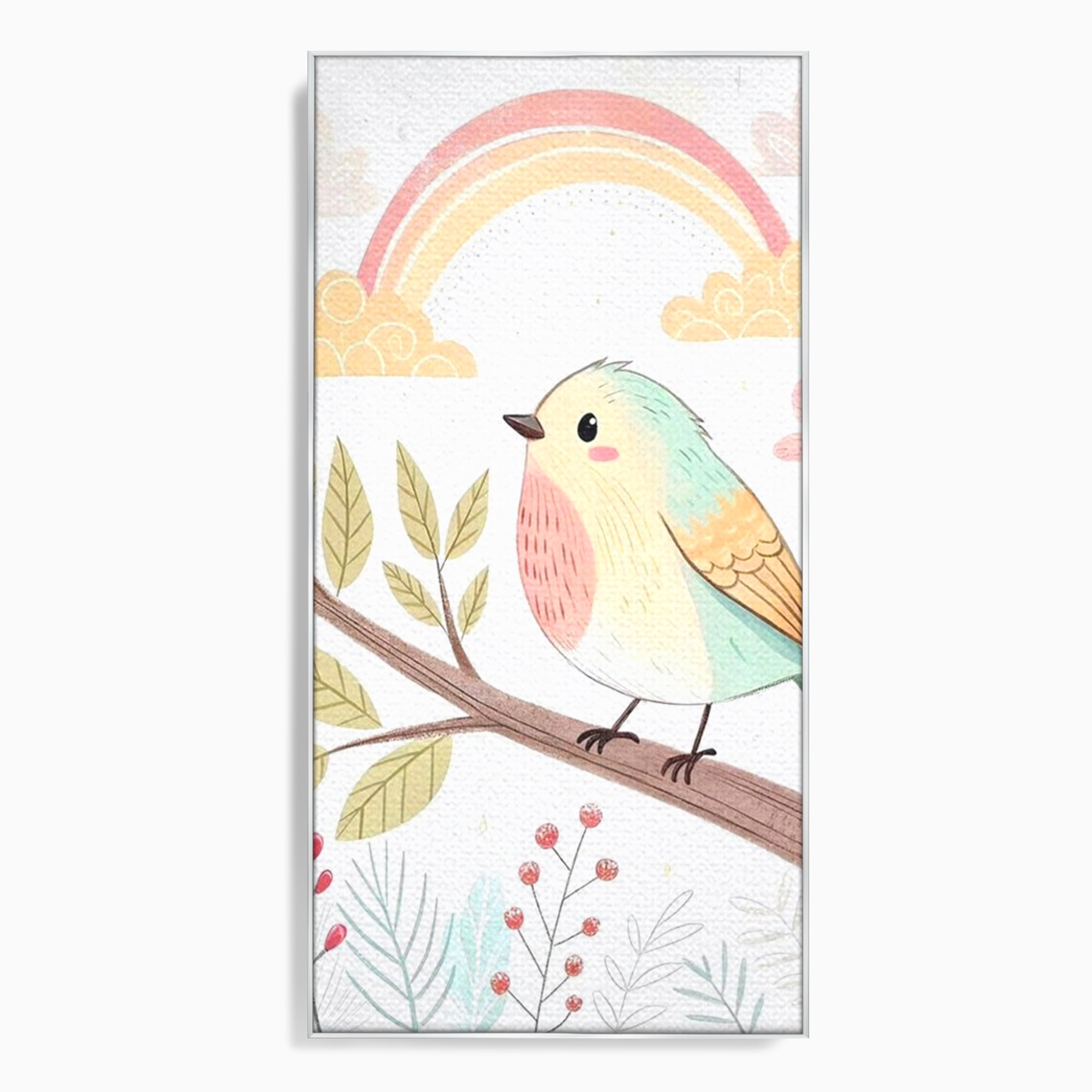 Tablou Canvas Premium, LuxCanva® K1049, Cantec in Culorile Cerului, Pasare, Ramura, Curcubeu, Norisori, Pastel, Fluturasi, Frunze, Flori, Cantecel, Padure, Pajiste, Camera Copil, Dormitor