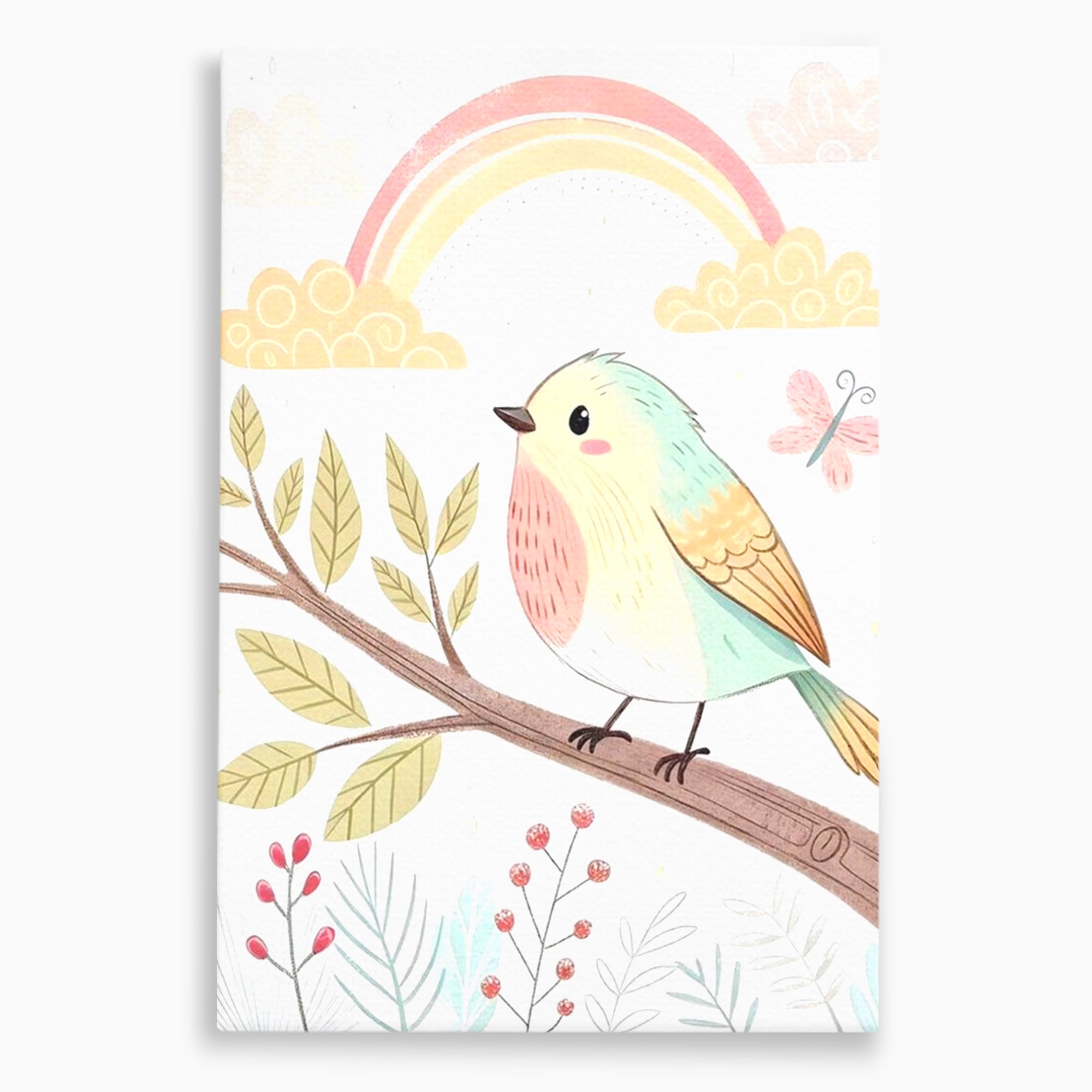 Tablou Canvas Premium, LuxCanva® K1049, Cantec in Culorile Cerului, Pasare, Ramura, Curcubeu, Norisori, Pastel, Fluturasi, Frunze, Flori, Cantecel, Padure, Pajiste, Camera Copil, Dormitor