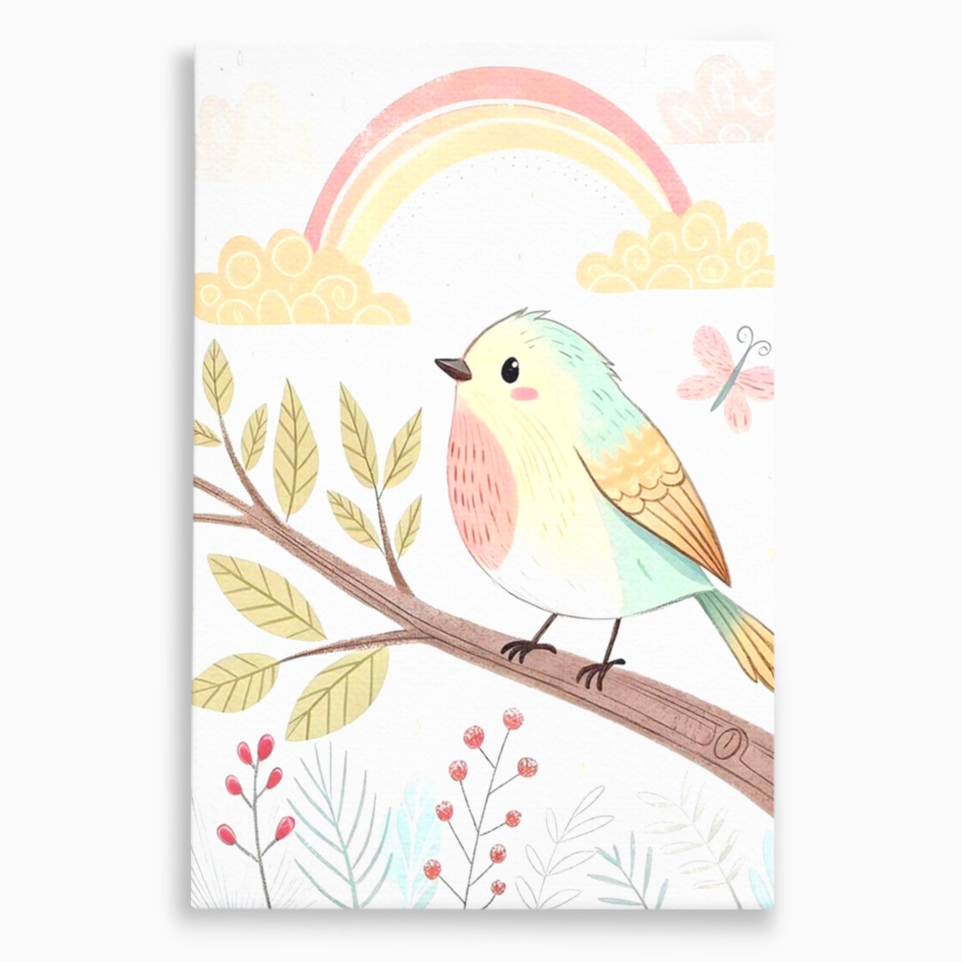 Tablou Canvas Premium, LuxCanva® K1049, Cantec in Culorile Cerului, Pasare, Ramura, Curcubeu, Norisori, Pastel, Fluturasi, Frunze, Flori, Cantecel, Padure, Pajiste, Camera Copil, Dormitor