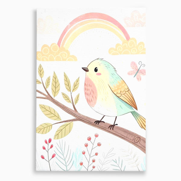 Tablou Canvas Premium, LuxCanva® K1049, Cantec in Culorile Cerului, Pasare, Ramura, Curcubeu, Norisori, Pastel, Fluturasi, Frunze, Flori, Cantecel, Padure, Pajiste, Camera Copil, Dormitor