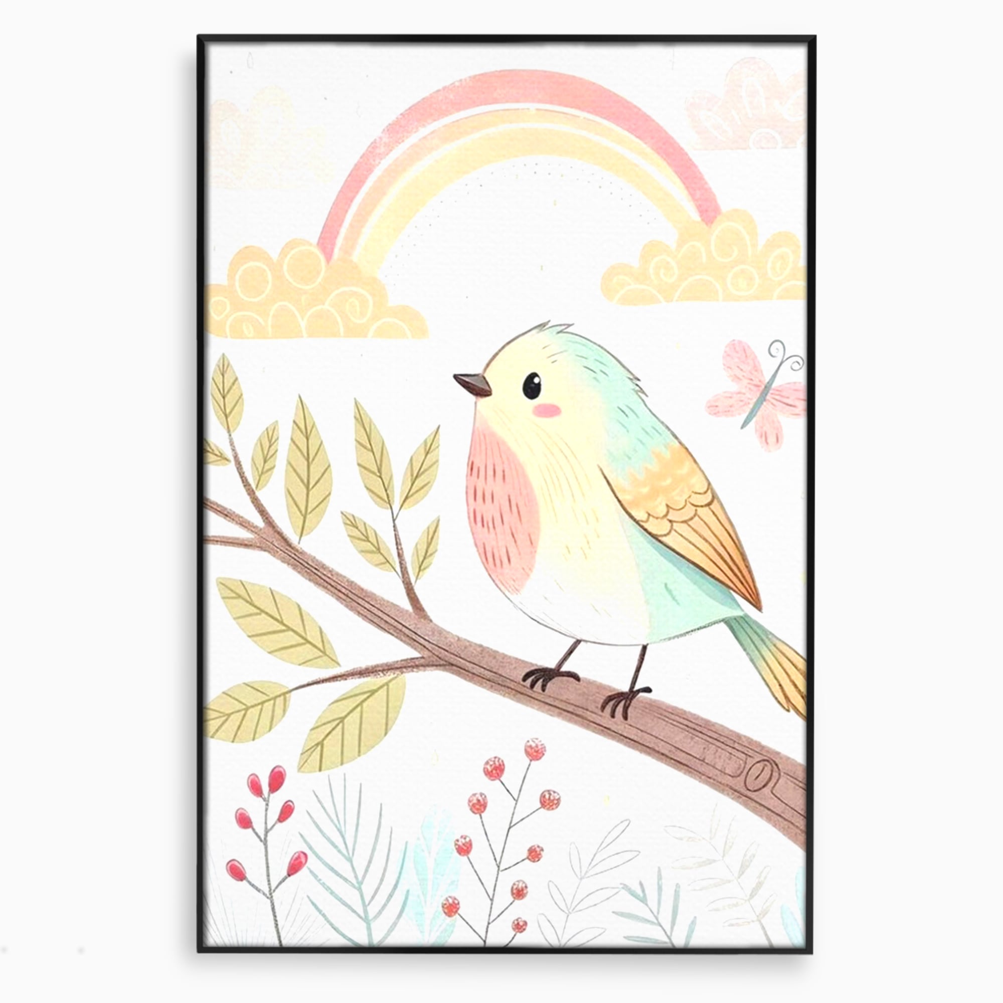 Tablou Canvas Premium, LuxCanva® K1049, Cantec in Culorile Cerului, Pasare, Ramura, Curcubeu, Norisori, Pastel, Fluturasi, Frunze, Flori, Cantecel, Padure, Pajiste, Camera Copil, Dormitor