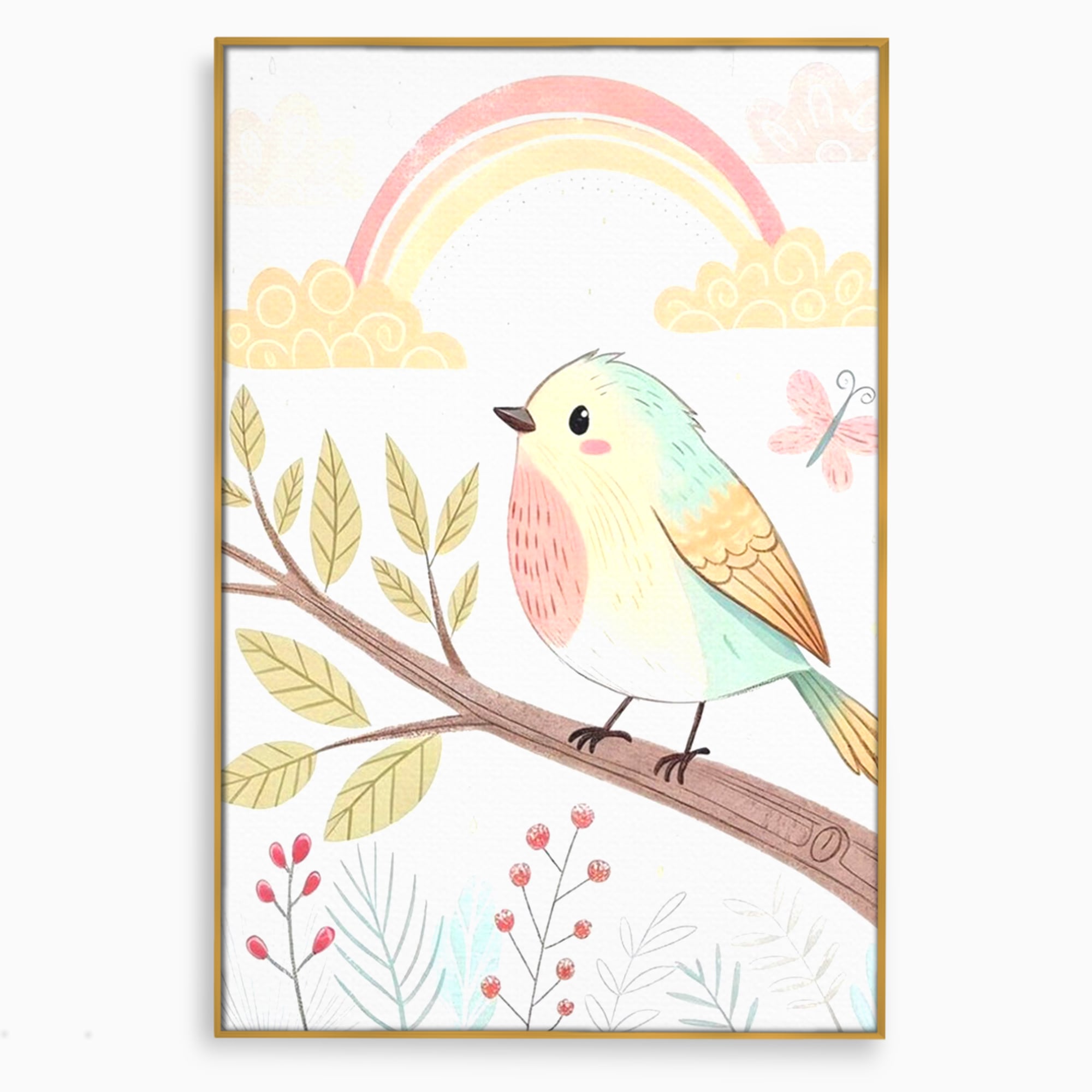 Tablou Canvas Premium, LuxCanva® K1049, Cantec in Culorile Cerului, Pasare, Ramura, Curcubeu, Norisori, Pastel, Fluturasi, Frunze, Flori, Cantecel, Padure, Pajiste, Camera Copil, Dormitor