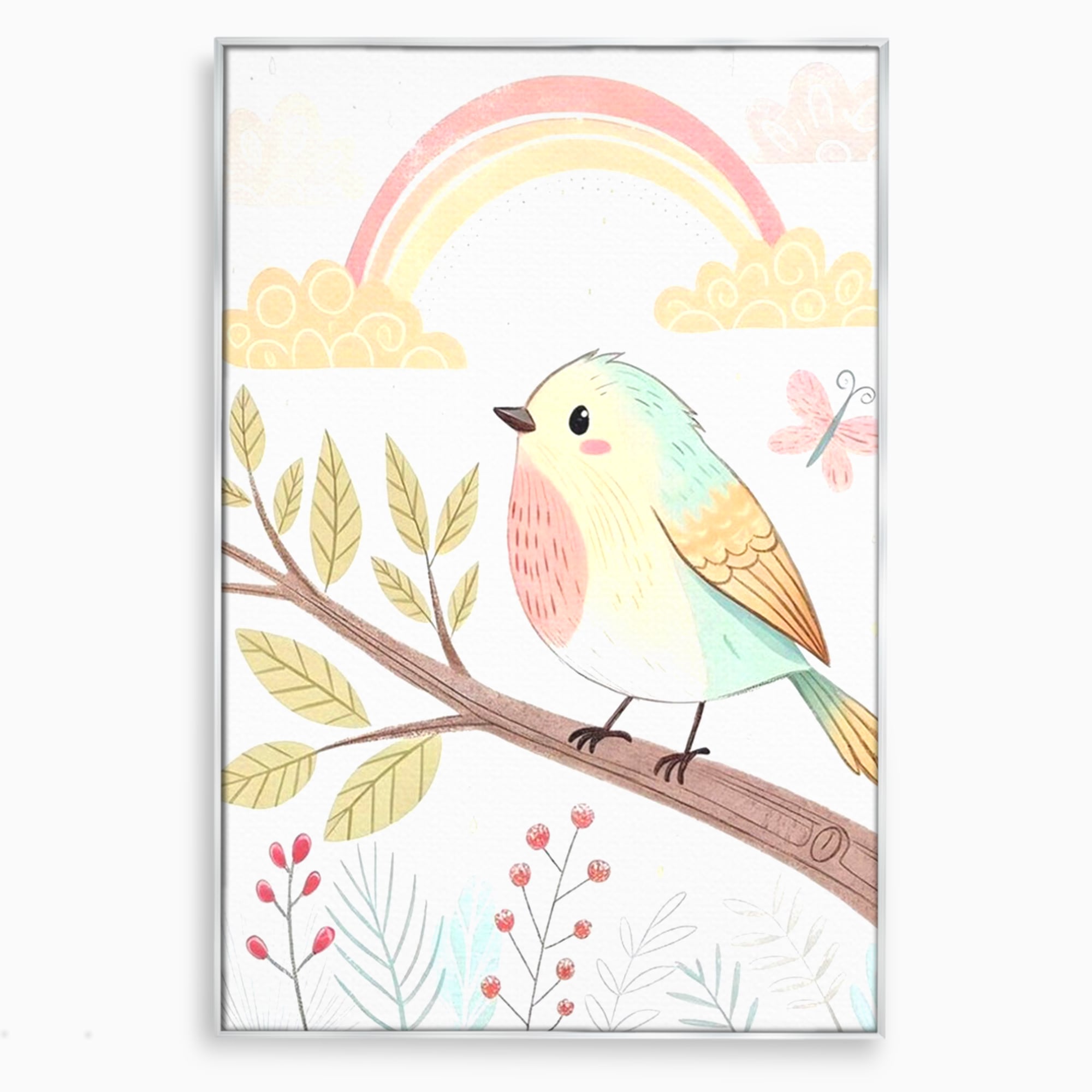 Tablou Canvas Premium, LuxCanva® K1049, Cantec in Culorile Cerului, Pasare, Ramura, Curcubeu, Norisori, Pastel, Fluturasi, Frunze, Flori, Cantecel, Padure, Pajiste, Camera Copil, Dormitor