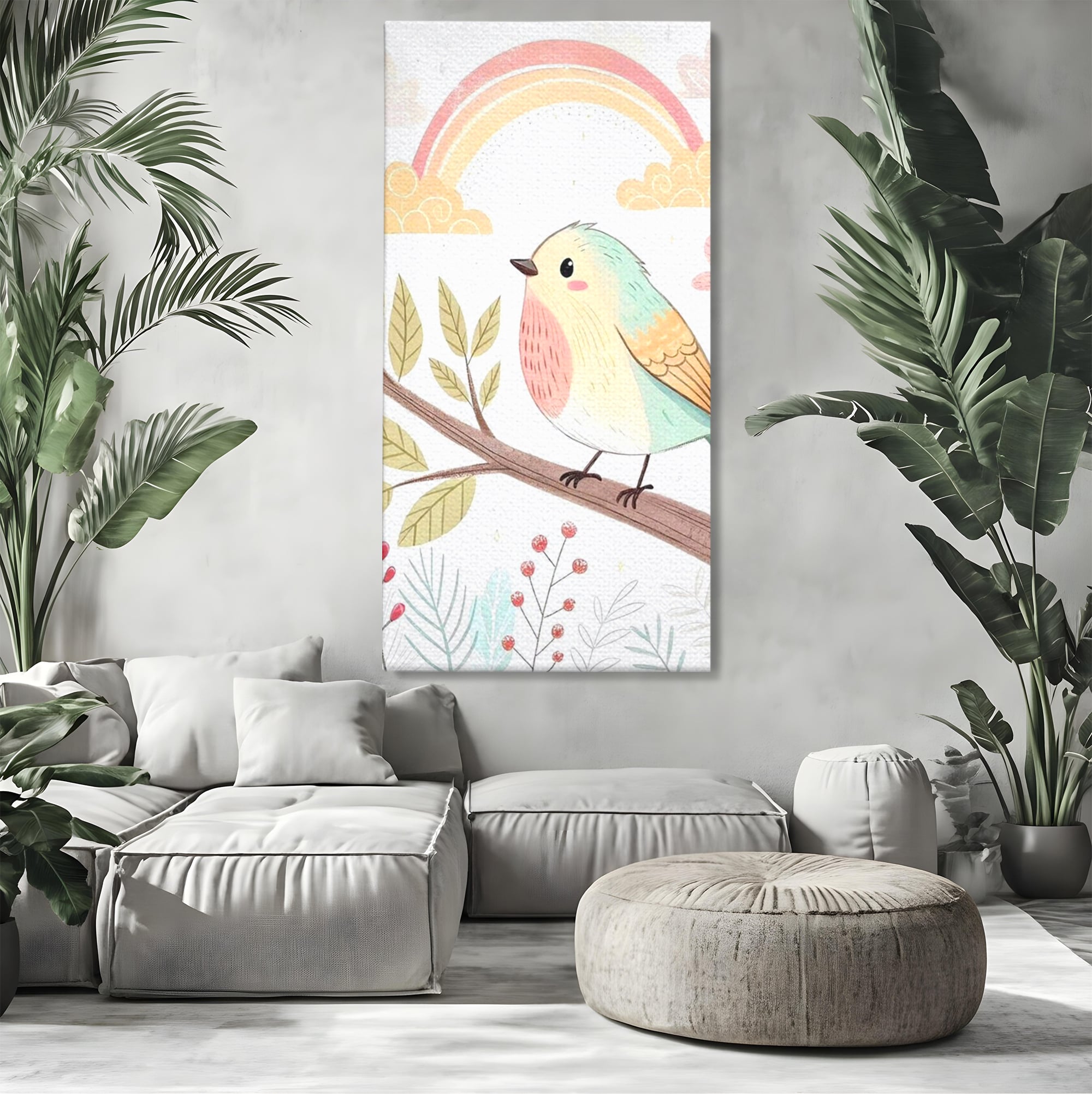 Tablou Canvas Premium, LuxCanva® K1049, Cantec in Culorile Cerului, Pasare, Ramura, Curcubeu, Norisori, Pastel, Fluturasi, Frunze, Flori, Cantecel, Padure, Pajiste, Camera Copil, Dormitor