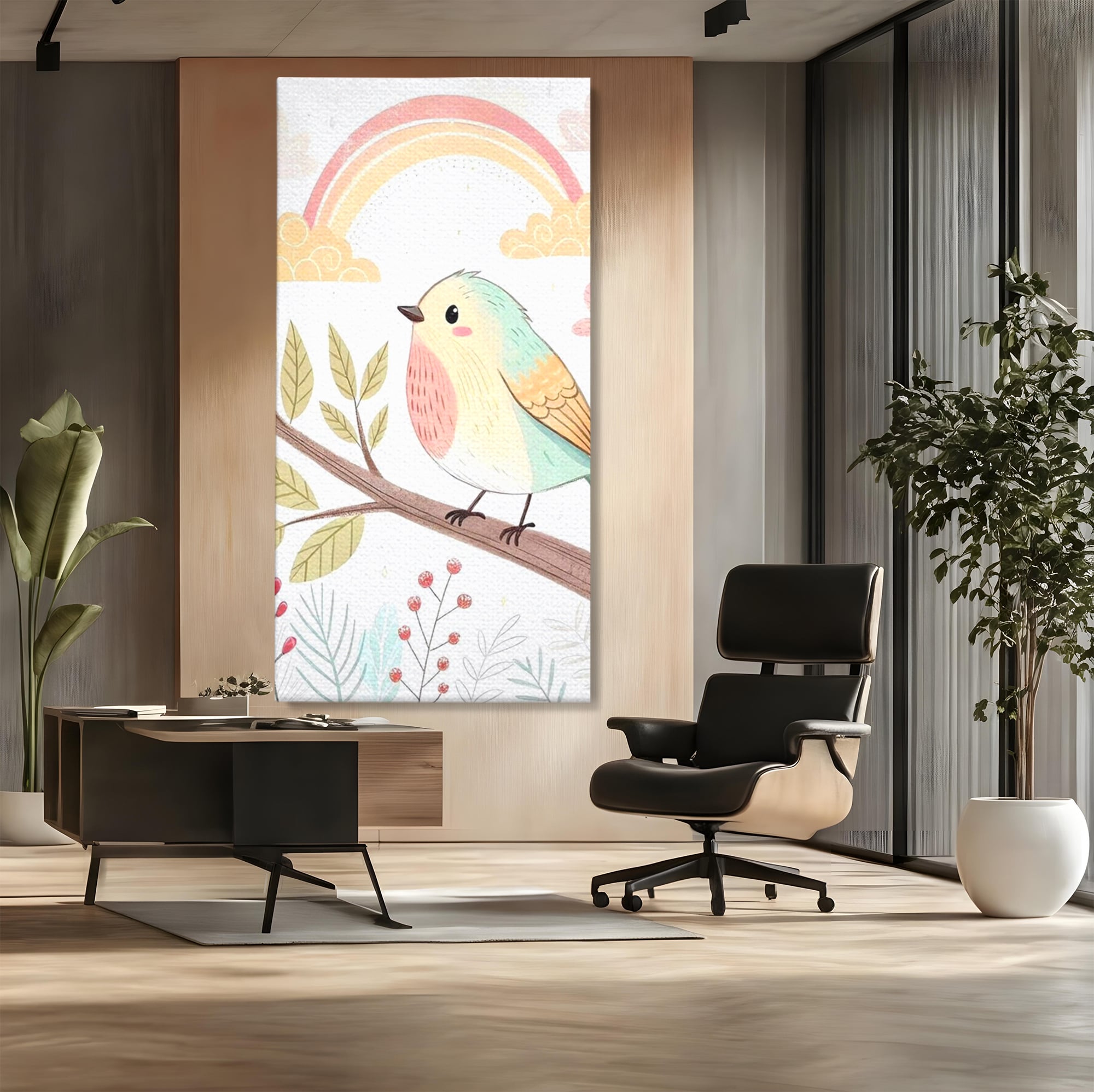 Tablou Canvas Premium, LuxCanva® K1049, Cantec in Culorile Cerului, Pasare, Ramura, Curcubeu, Norisori, Pastel, Fluturasi, Frunze, Flori, Cantecel, Padure, Pajiste, Camera Copil, Dormitor
