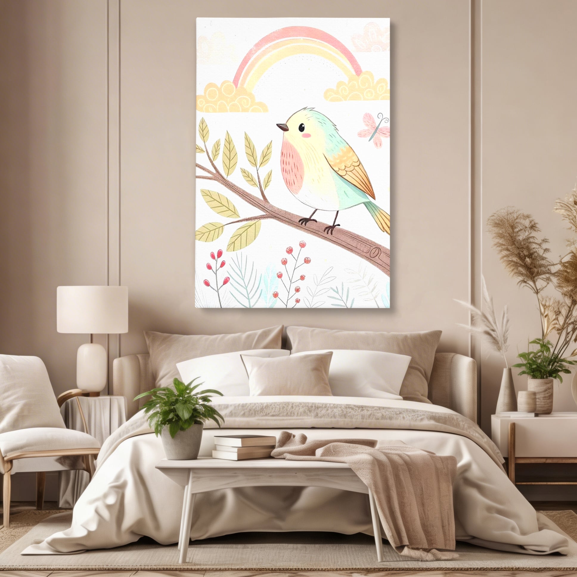 Tablou Canvas Premium, LuxCanva® K1049, Cantec in Culorile Cerului, Pasare, Ramura, Curcubeu, Norisori, Pastel, Fluturasi, Frunze, Flori, Cantecel, Padure, Pajiste, Camera Copil, Dormitor