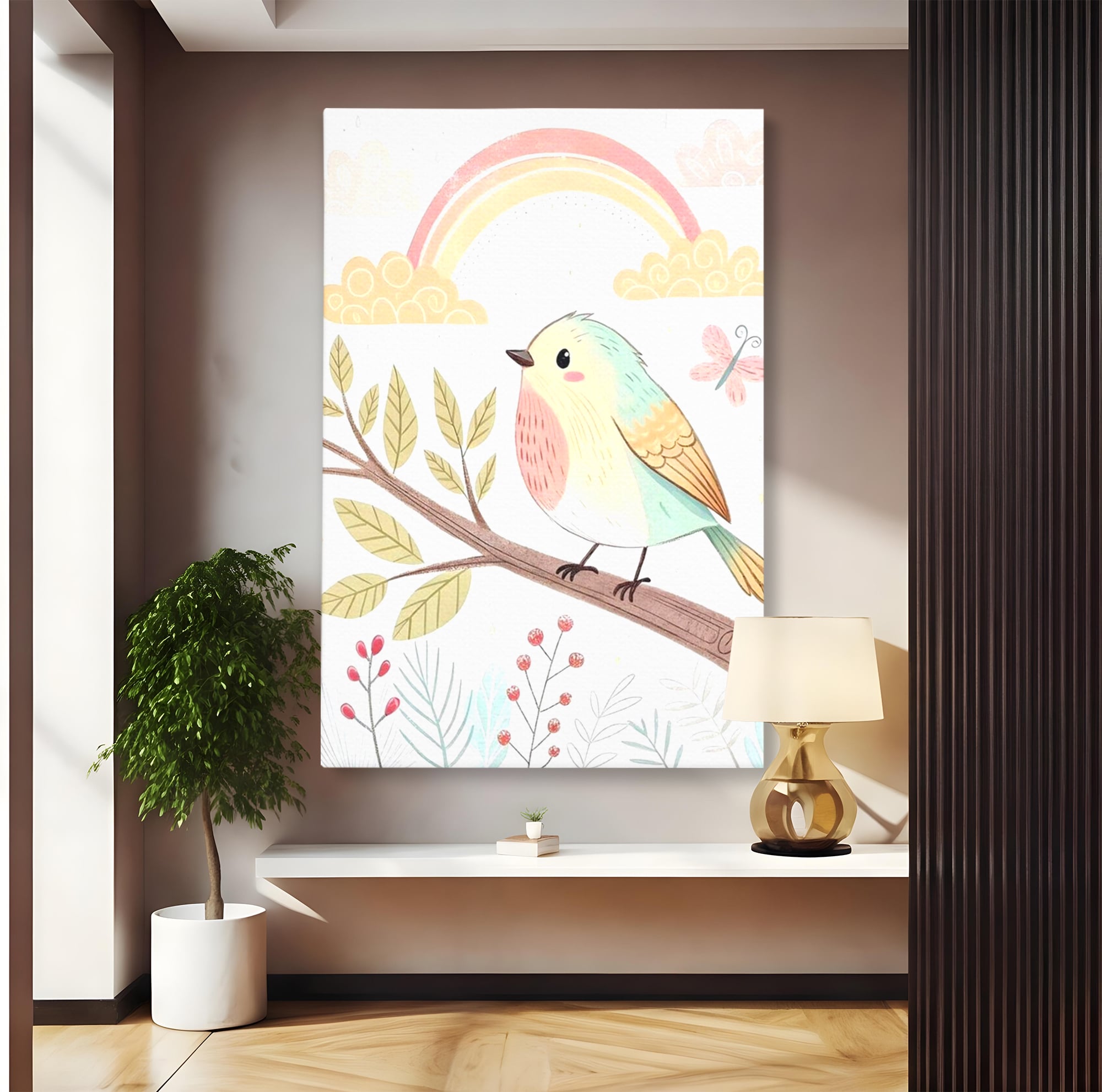 Tablou Canvas Premium, LuxCanva® K1049, Cantec in Culorile Cerului, Pasare, Ramura, Curcubeu, Norisori, Pastel, Fluturasi, Frunze, Flori, Cantecel, Padure, Pajiste, Camera Copil, Dormitor