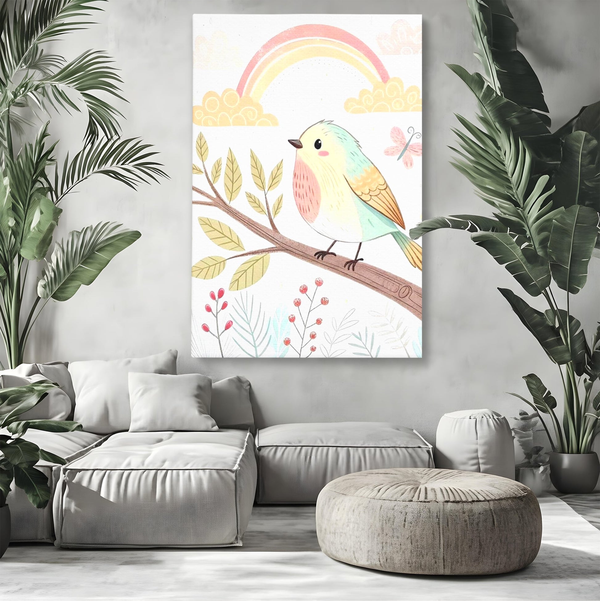 Tablou Canvas Premium, LuxCanva® K1049, Cantec in Culorile Cerului, Pasare, Ramura, Curcubeu, Norisori, Pastel, Fluturasi, Frunze, Flori, Cantecel, Padure, Pajiste, Camera Copil, Dormitor