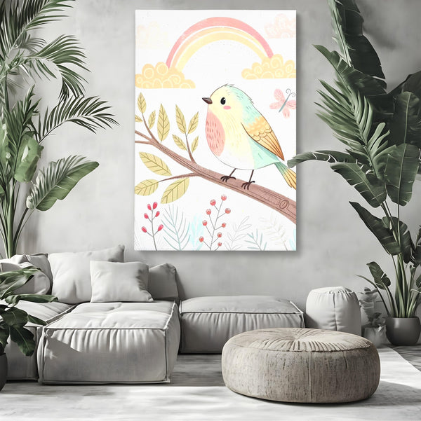 Tablou Canvas Premium, LuxCanva® K1049, Cantec in Culorile Cerului, Pasare, Ramura, Curcubeu, Norisori, Pastel, Fluturasi, Frunze, Flori, Cantecel, Padure, Pajiste, Camera Copil, Dormitor