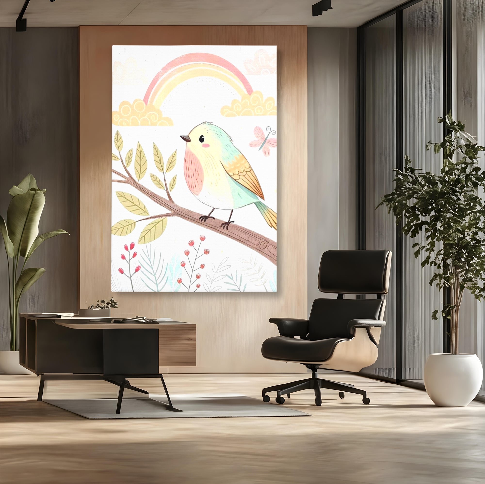Tablou Canvas Premium, LuxCanva® K1049, Cantec in Culorile Cerului, Pasare, Ramura, Curcubeu, Norisori, Pastel, Fluturasi, Frunze, Flori, Cantecel, Padure, Pajiste, Camera Copil, Dormitor