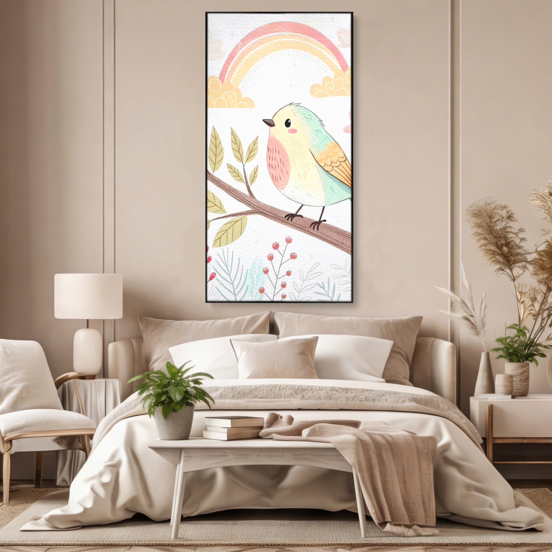 Tablou Canvas Premium, LuxCanva® K1049, Cantec in Culorile Cerului, Pasare, Ramura, Curcubeu, Norisori, Pastel, Fluturasi, Frunze, Flori, Cantecel, Padure, Pajiste, Camera Copil, Dormitor