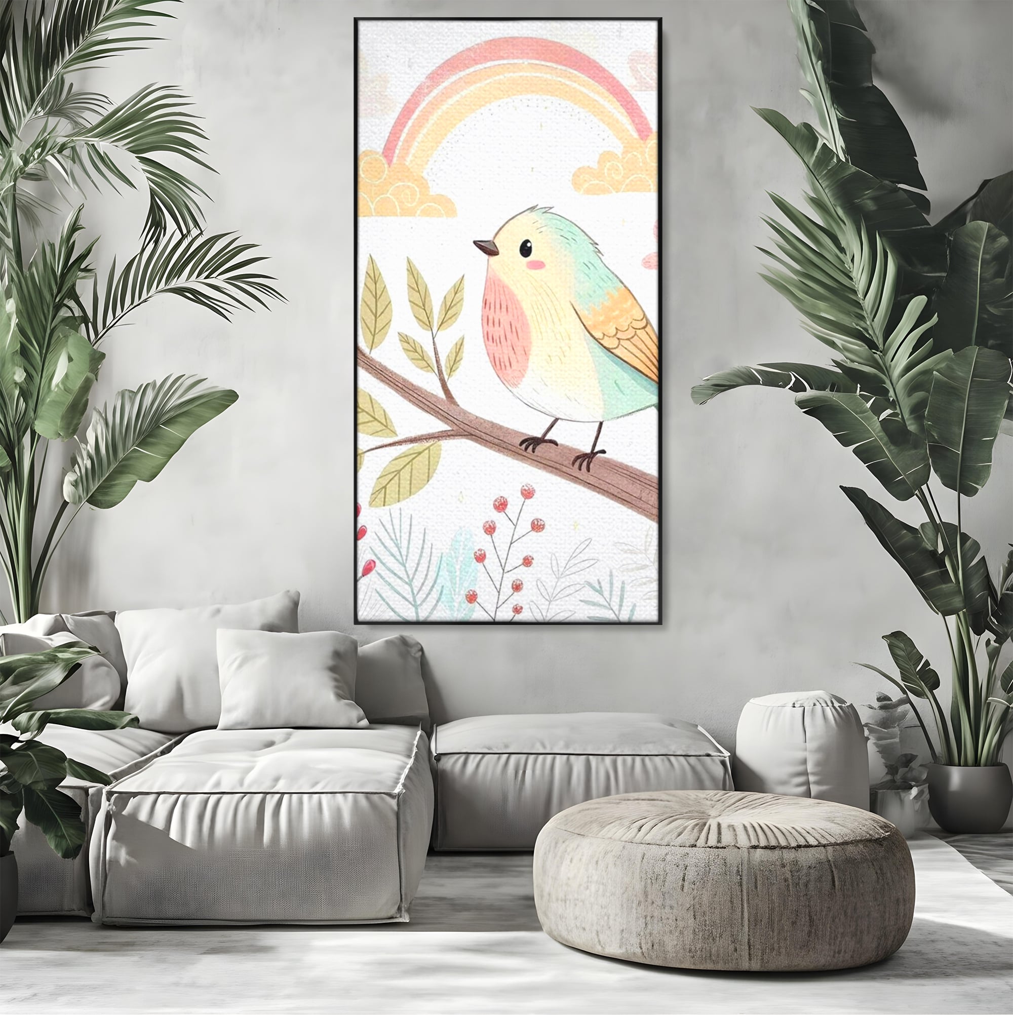 Tablou Canvas Premium, LuxCanva® K1049, Cantec in Culorile Cerului, Pasare, Ramura, Curcubeu, Norisori, Pastel, Fluturasi, Frunze, Flori, Cantecel, Padure, Pajiste, Camera Copil, Dormitor