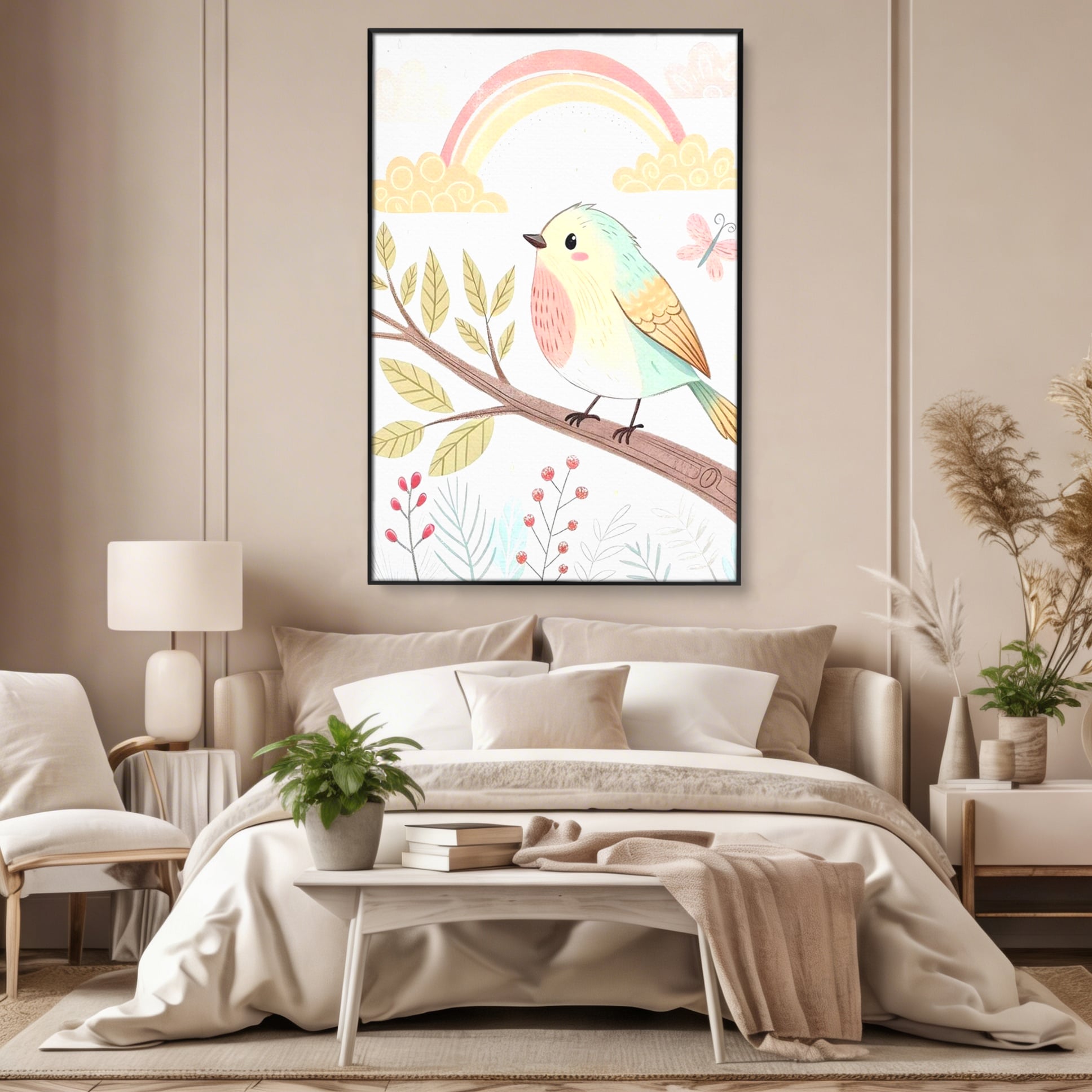 Tablou Canvas Premium, LuxCanva® K1049, Cantec in Culorile Cerului, Pasare, Ramura, Curcubeu, Norisori, Pastel, Fluturasi, Frunze, Flori, Cantecel, Padure, Pajiste, Camera Copil, Dormitor