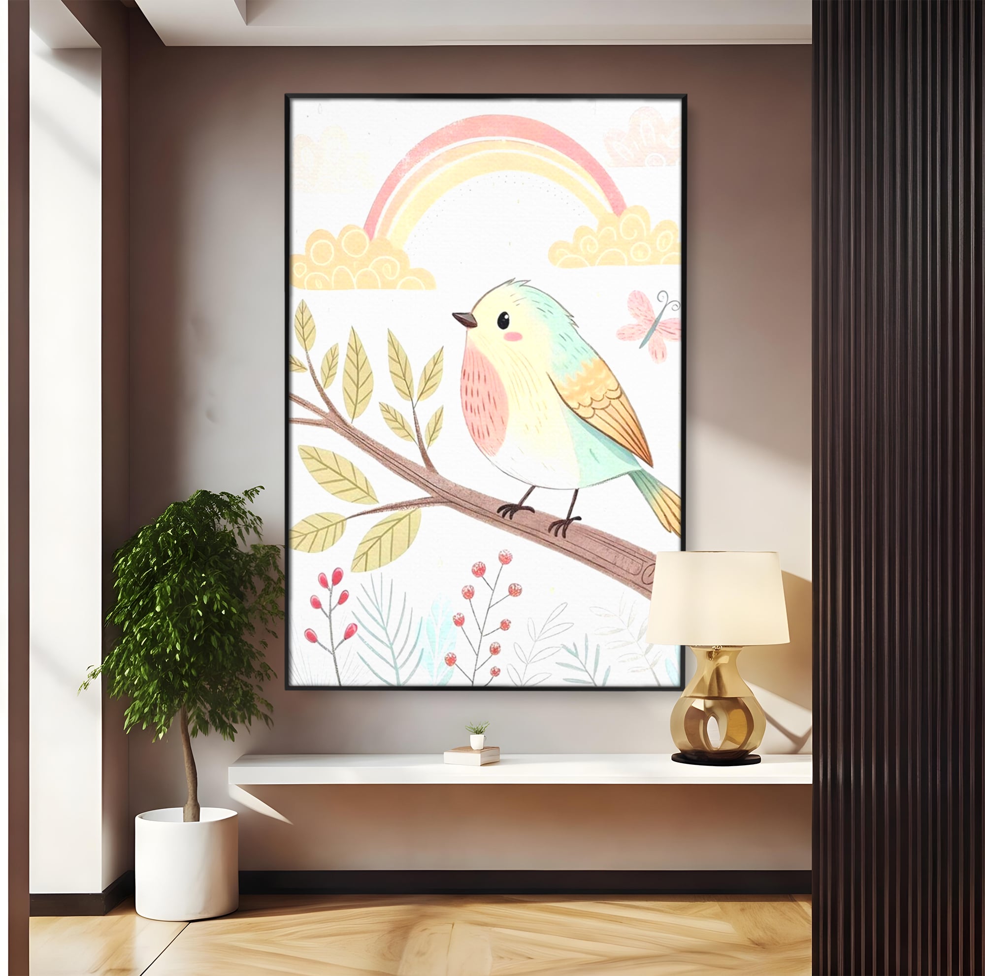 Tablou Canvas Premium, LuxCanva® K1049, Cantec in Culorile Cerului, Pasare, Ramura, Curcubeu, Norisori, Pastel, Fluturasi, Frunze, Flori, Cantecel, Padure, Pajiste, Camera Copil, Dormitor