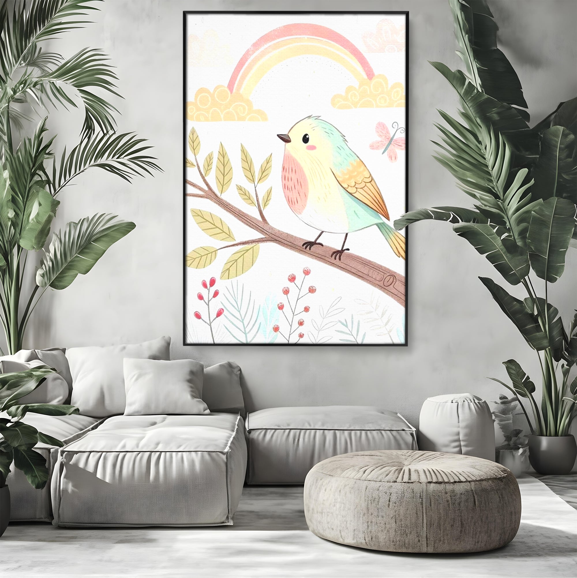 Tablou Canvas Premium, LuxCanva® K1049, Cantec in Culorile Cerului, Pasare, Ramura, Curcubeu, Norisori, Pastel, Fluturasi, Frunze, Flori, Cantecel, Padure, Pajiste, Camera Copil, Dormitor