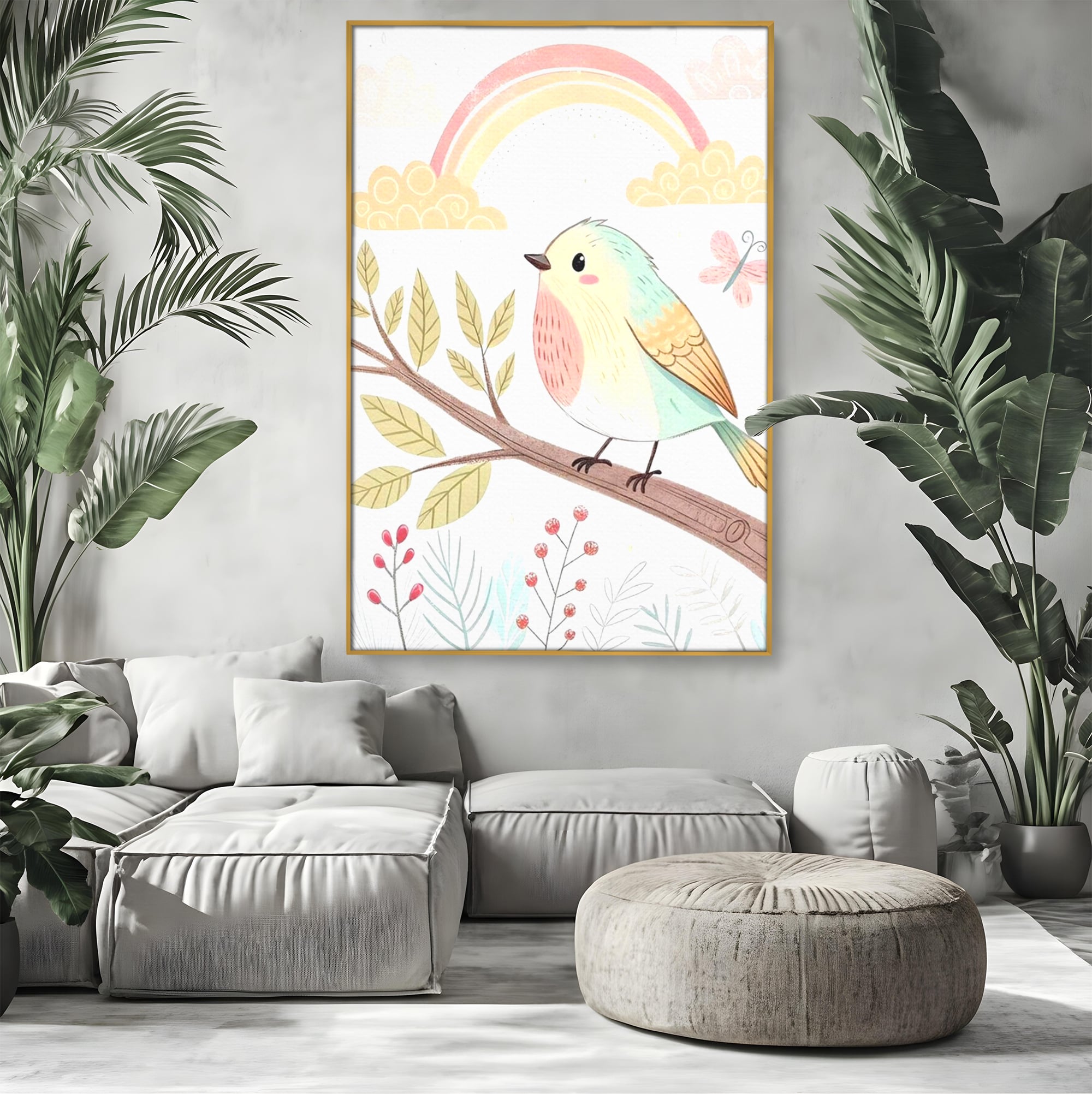 Tablou Canvas Premium, LuxCanva® K1049, Cantec in Culorile Cerului, Pasare, Ramura, Curcubeu, Norisori, Pastel, Fluturasi, Frunze, Flori, Cantecel, Padure, Pajiste, Camera Copil, Dormitor