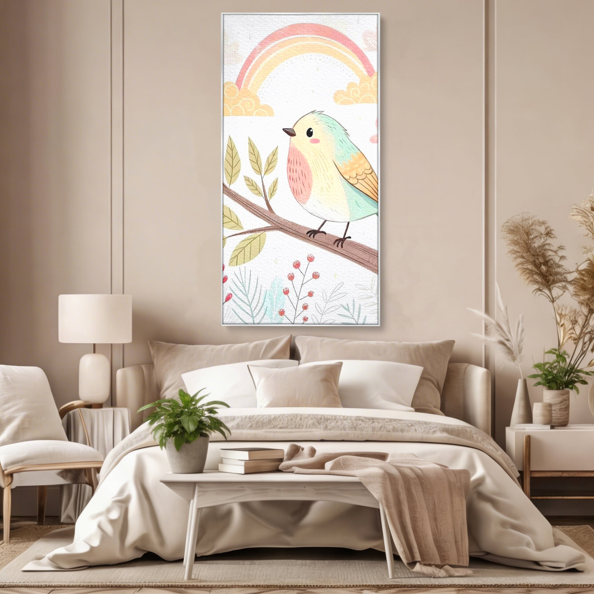 Tablou Canvas Premium, LuxCanva® K1049, Cantec in Culorile Cerului, Pasare, Ramura, Curcubeu, Norisori, Pastel, Fluturasi, Frunze, Flori, Cantecel, Padure, Pajiste, Camera Copil, Dormitor