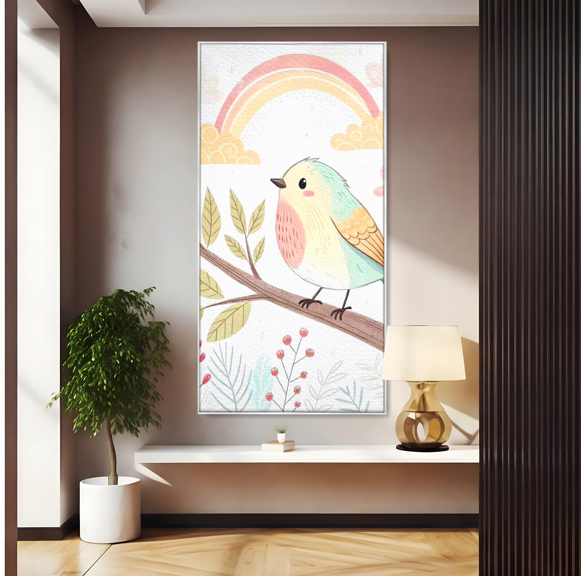 Tablou Canvas Premium, LuxCanva® K1049, Cantec in Culorile Cerului, Pasare, Ramura, Curcubeu, Norisori, Pastel, Fluturasi, Frunze, Flori, Cantecel, Padure, Pajiste, Camera Copil, Dormitor