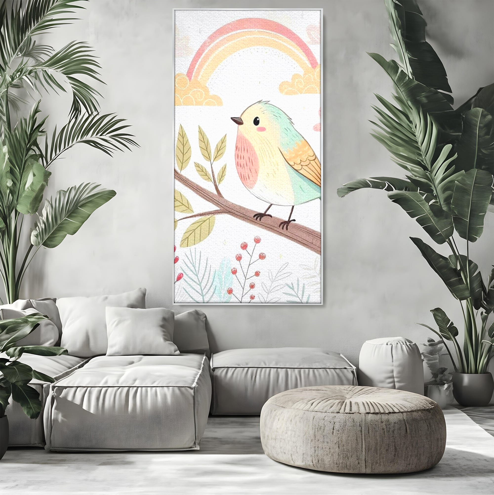 Tablou Canvas Premium, LuxCanva® K1049, Cantec in Culorile Cerului, Pasare, Ramura, Curcubeu, Norisori, Pastel, Fluturasi, Frunze, Flori, Cantecel, Padure, Pajiste, Camera Copil, Dormitor