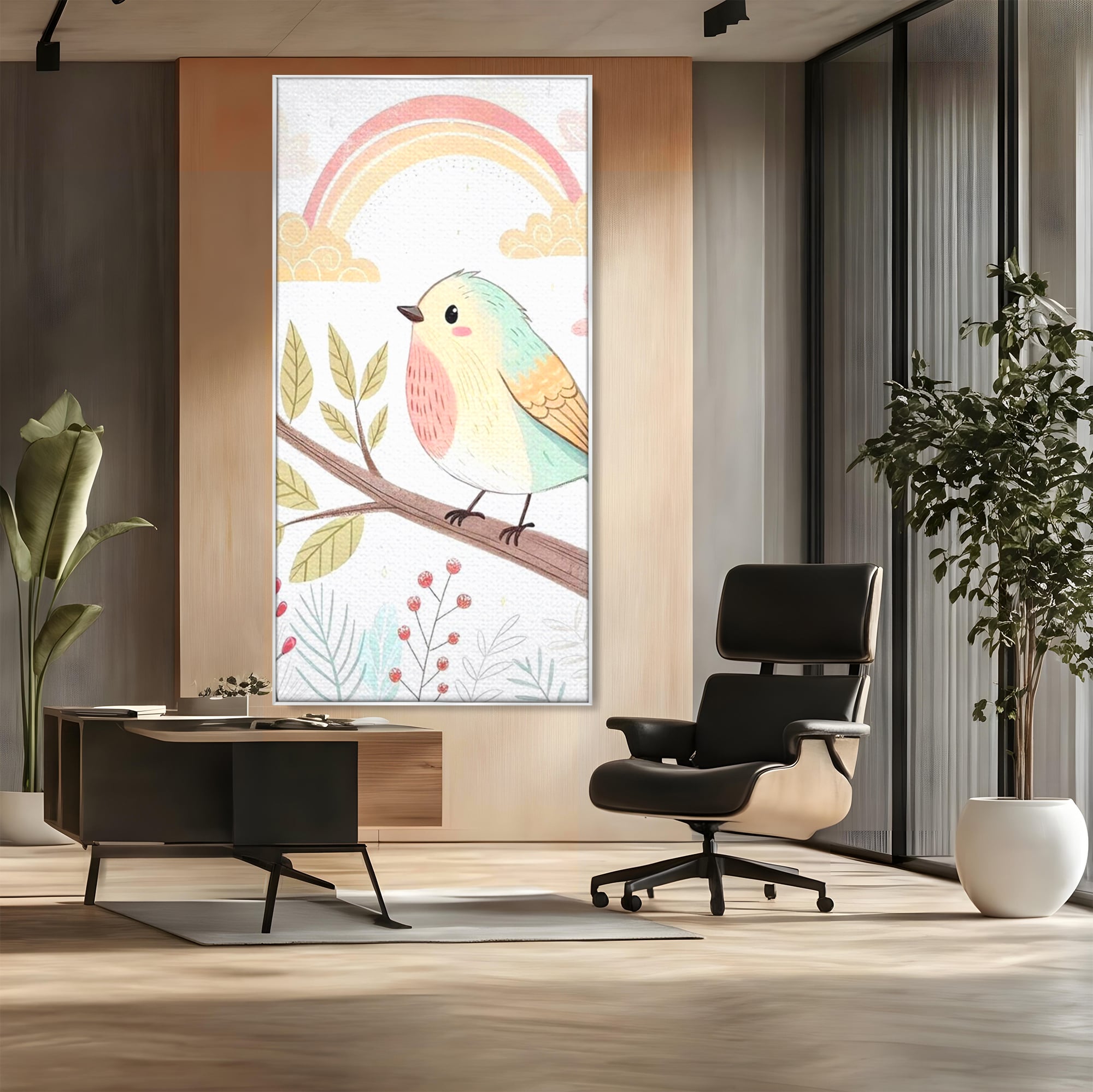 Tablou Canvas Premium, LuxCanva® K1049, Cantec in Culorile Cerului, Pasare, Ramura, Curcubeu, Norisori, Pastel, Fluturasi, Frunze, Flori, Cantecel, Padure, Pajiste, Camera Copil, Dormitor