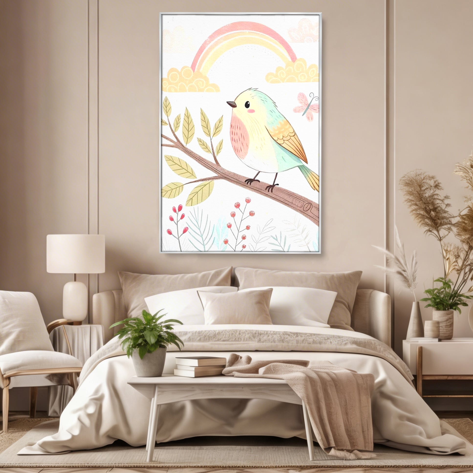 Tablou Canvas Premium, LuxCanva® K1049, Cantec in Culorile Cerului, Pasare, Ramura, Curcubeu, Norisori, Pastel, Fluturasi, Frunze, Flori, Cantecel, Padure, Pajiste, Camera Copil, Dormitor