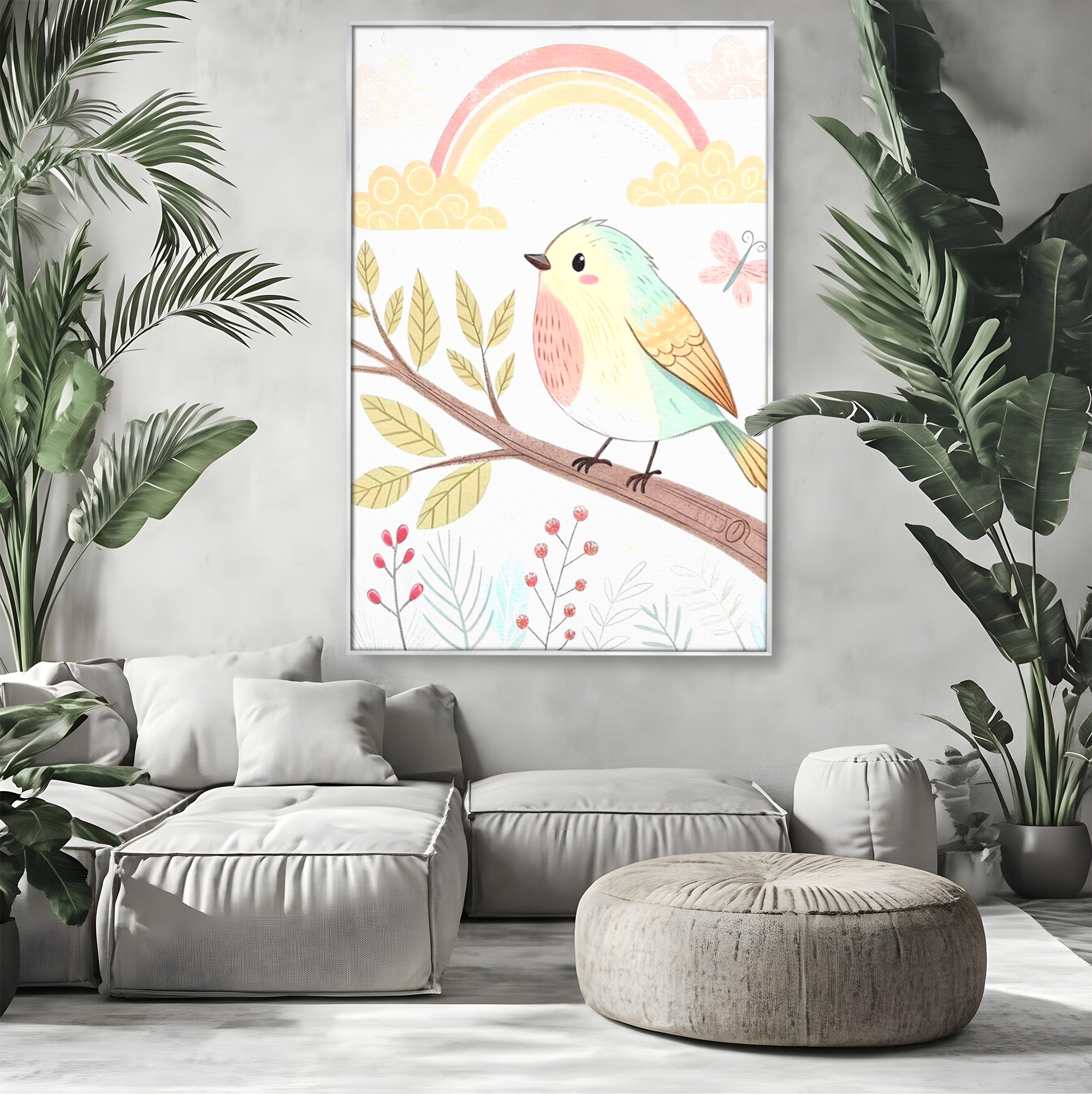 Tablou Canvas Premium, LuxCanva® K1049, Cantec in Culorile Cerului, Pasare, Ramura, Curcubeu, Norisori, Pastel, Fluturasi, Frunze, Flori, Cantecel, Padure, Pajiste, Camera Copil, Dormitor