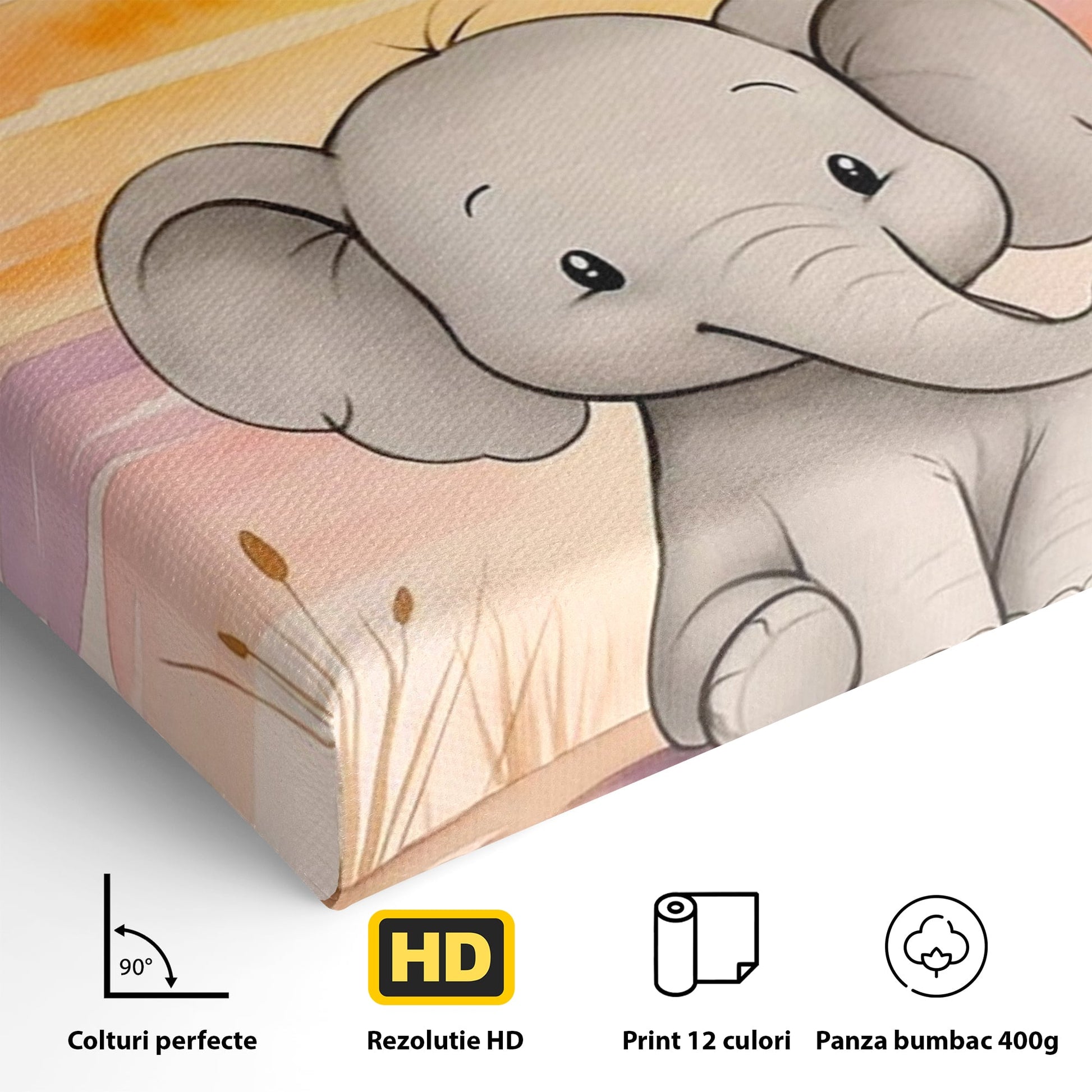 Tablou Canvas Premium, LuxCanva® K1050, Elefantelul de la Apus, Seara, Calda, Savana, Vise, Soare, Zambet, Urechi, Inima, Blanda, Portocaliu, Liliac, Acuarela, Camera Copil, Dormitor