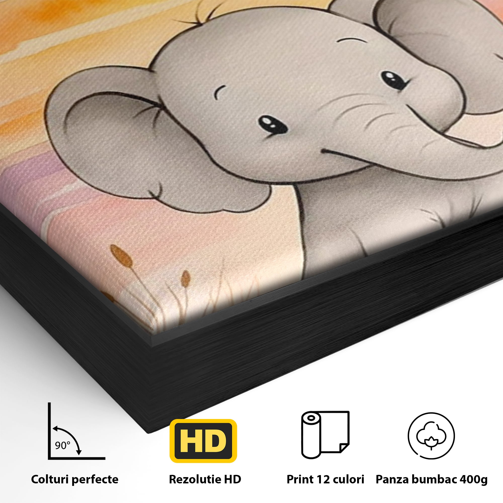 Tablou Canvas Premium, LuxCanva® K1050, Elefantelul de la Apus, Seara, Calda, Savana, Vise, Soare, Zambet, Urechi, Inima, Blanda, Portocaliu, Liliac, Acuarela, Camera Copil, Dormitor