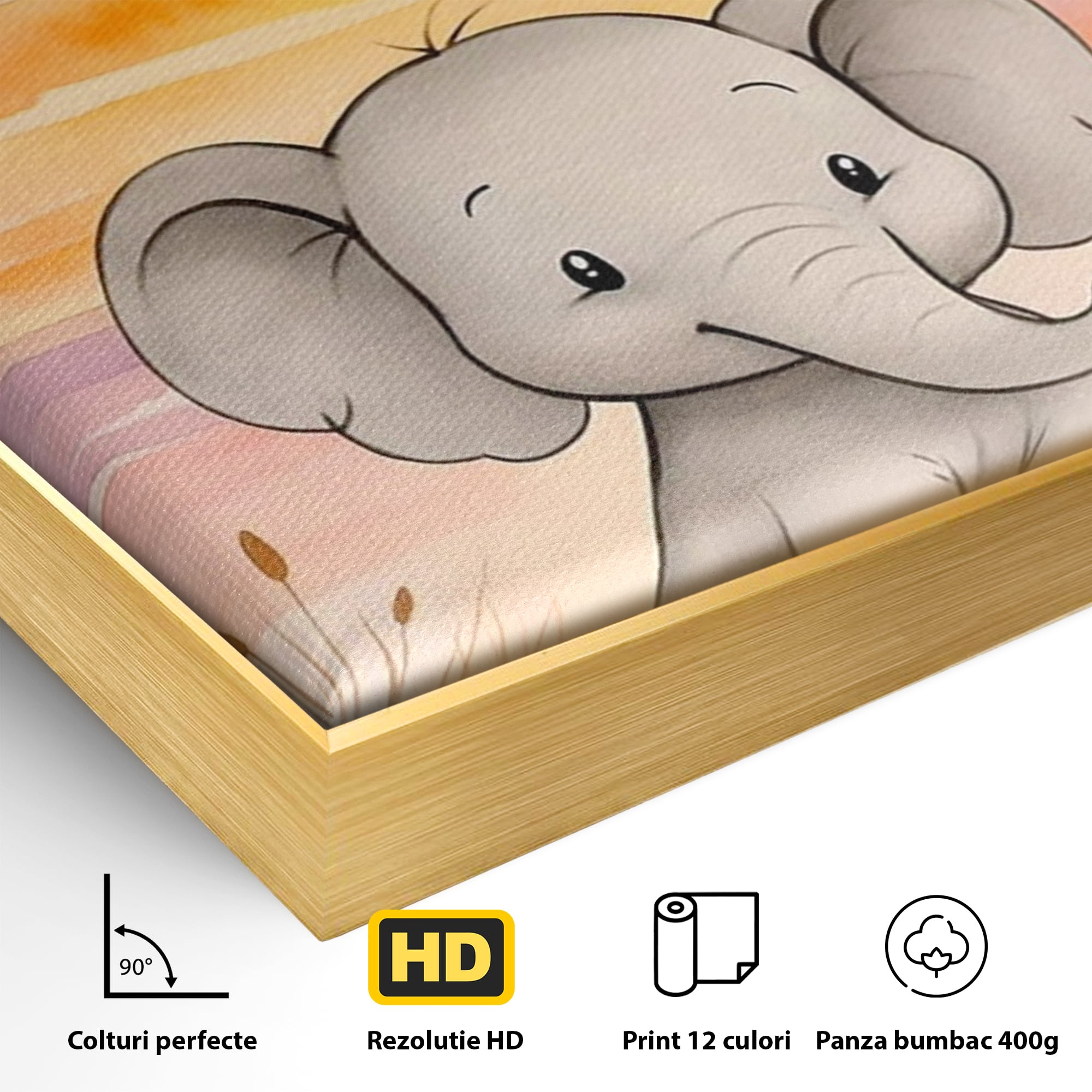 Tablou Canvas Premium, LuxCanva® K1050, Elefantelul de la Apus, Seara, Calda, Savana, Vise, Soare, Zambet, Urechi, Inima, Blanda, Portocaliu, Liliac, Acuarela, Camera Copil, Dormitor