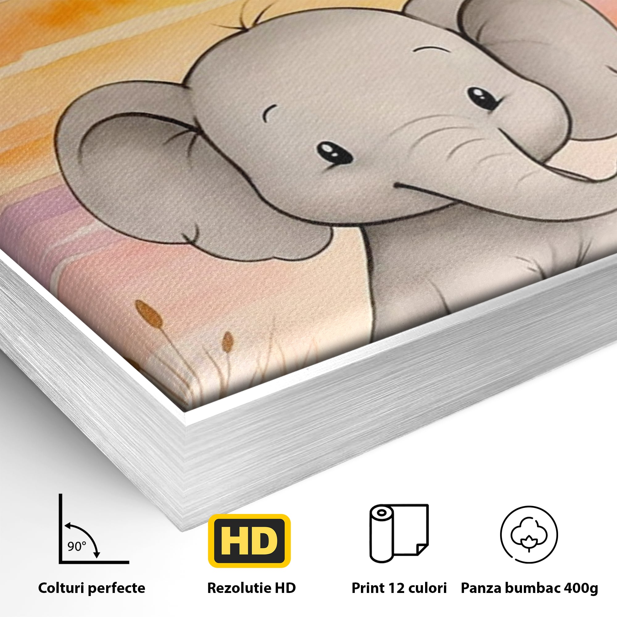 Tablou Canvas Premium, LuxCanva® K1050, Elefantelul de la Apus, Seara, Calda, Savana, Vise, Soare, Zambet, Urechi, Inima, Blanda, Portocaliu, Liliac, Acuarela, Camera Copil, Dormitor