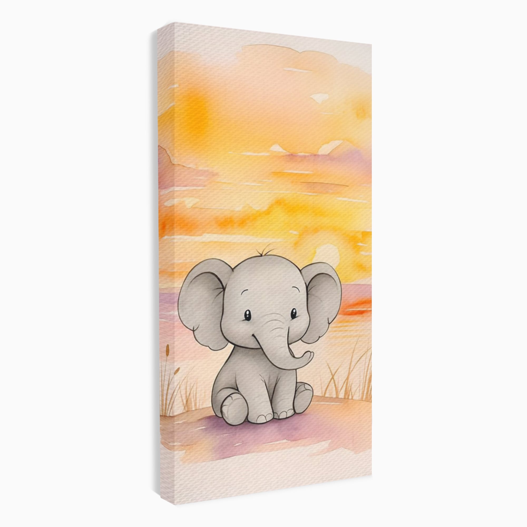 Tablou Canvas Premium, LuxCanva® K1050, Elefantelul de la Apus, Seara, Calda, Savana, Vise, Soare, Zambet, Urechi, Inima, Blanda, Portocaliu, Liliac, Acuarela, Camera Copil, Dormitor