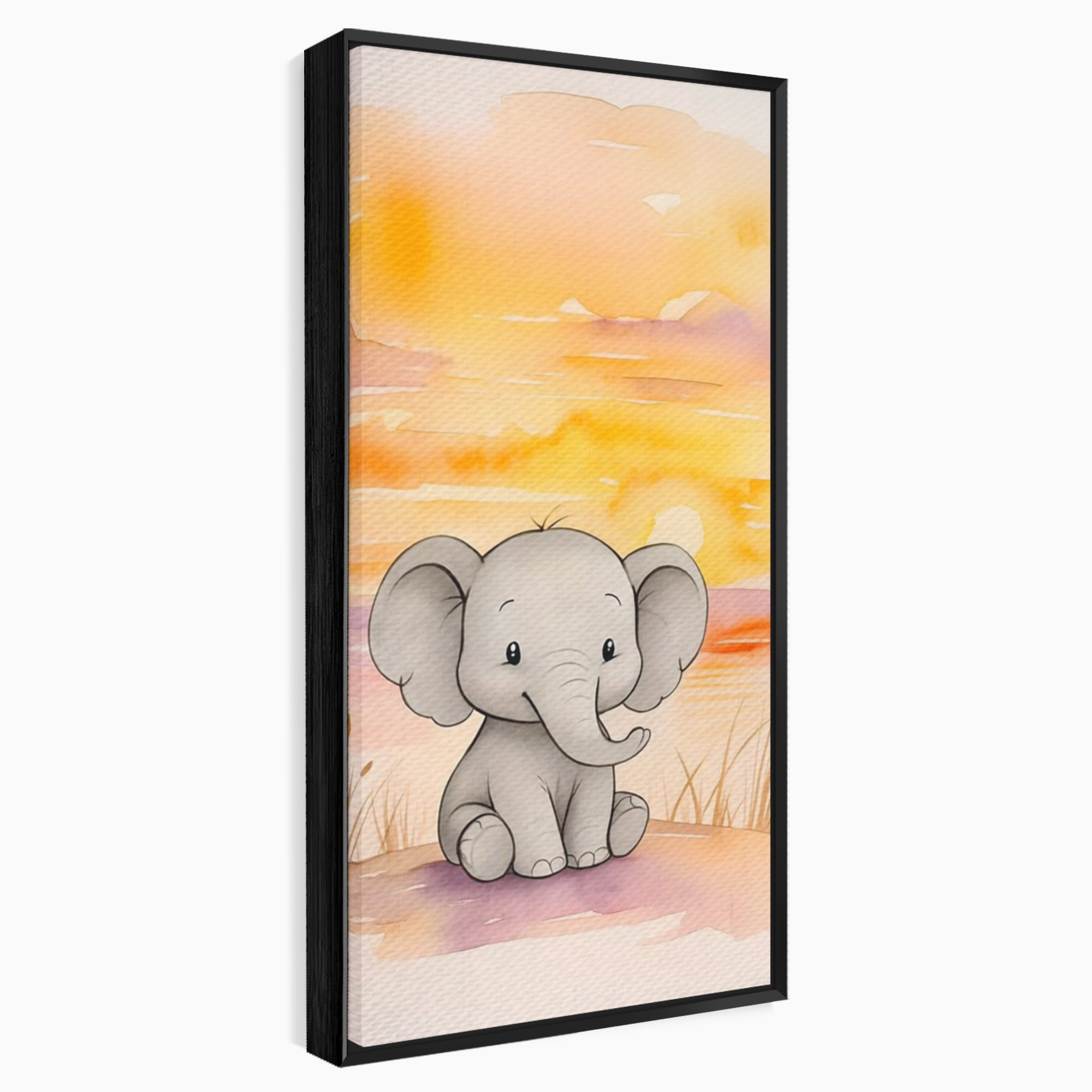 Tablou Canvas Premium, LuxCanva® K1050, Elefantelul de la Apus, Seara, Calda, Savana, Vise, Soare, Zambet, Urechi, Inima, Blanda, Portocaliu, Liliac, Acuarela, Camera Copil, Dormitor