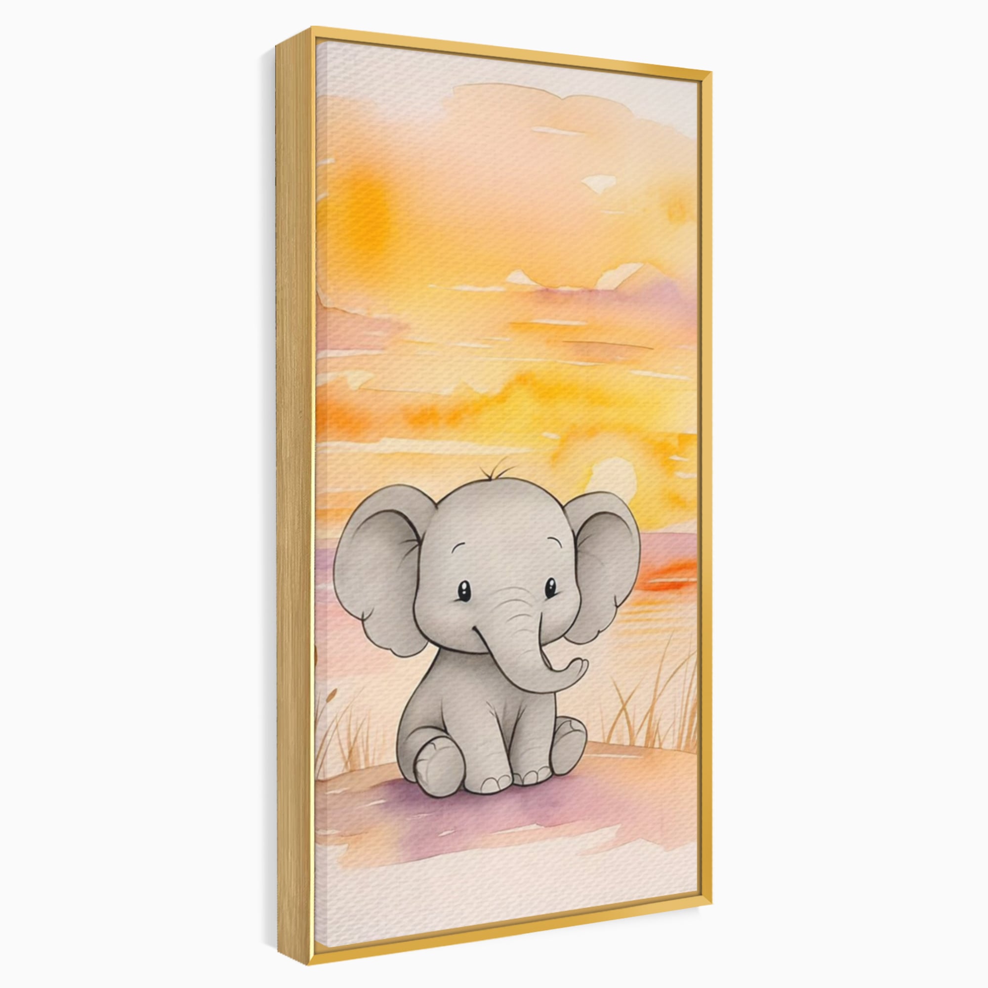 Tablou Canvas Premium, LuxCanva® K1050, Elefantelul de la Apus, Seara, Calda, Savana, Vise, Soare, Zambet, Urechi, Inima, Blanda, Portocaliu, Liliac, Acuarela, Camera Copil, Dormitor