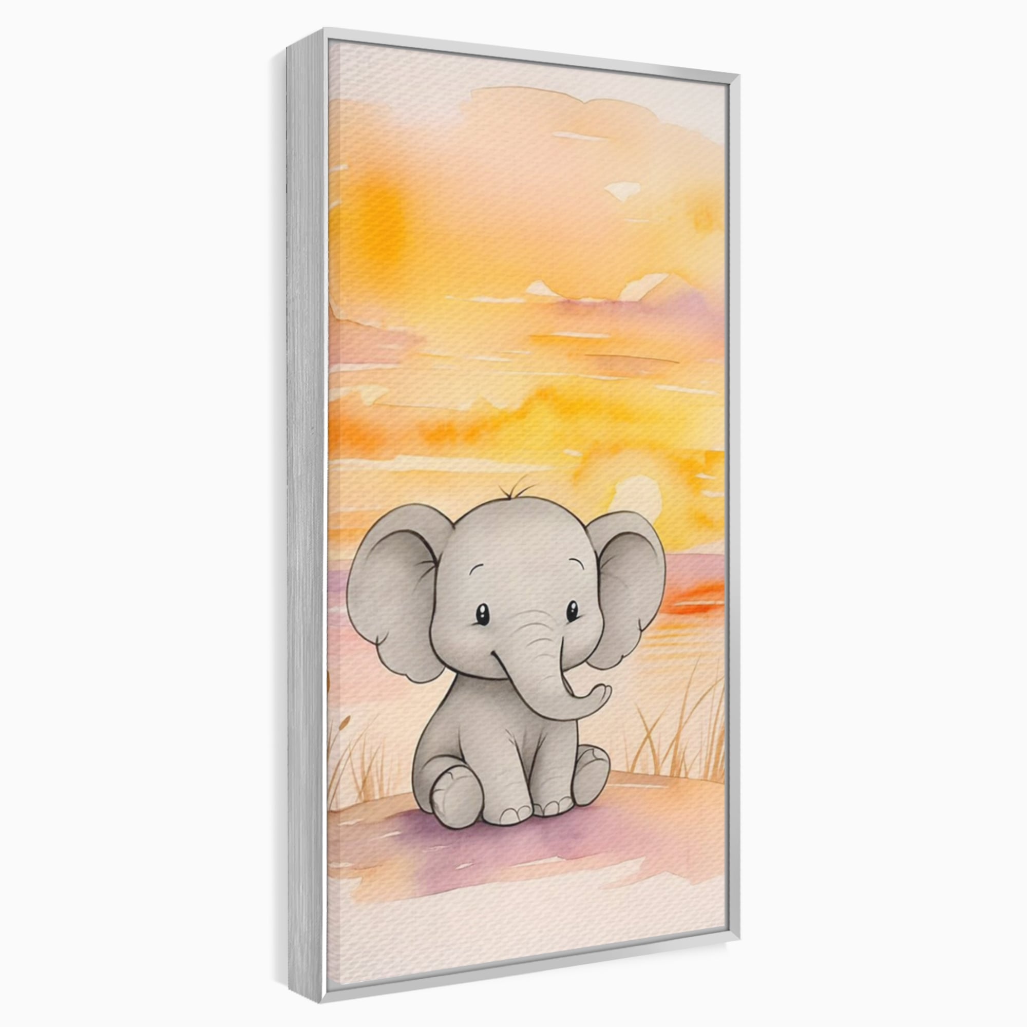 Tablou Canvas Premium, LuxCanva® K1050, Elefantelul de la Apus, Seara, Calda, Savana, Vise, Soare, Zambet, Urechi, Inima, Blanda, Portocaliu, Liliac, Acuarela, Camera Copil, Dormitor