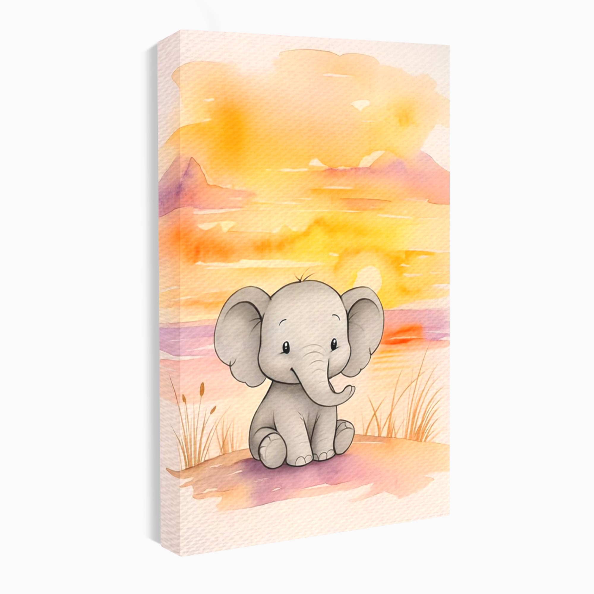 Tablou Canvas Premium, LuxCanva® K1050, Elefantelul de la Apus, Seara, Calda, Savana, Vise, Soare, Zambet, Urechi, Inima, Blanda, Portocaliu, Liliac, Acuarela, Camera Copil, Dormitor