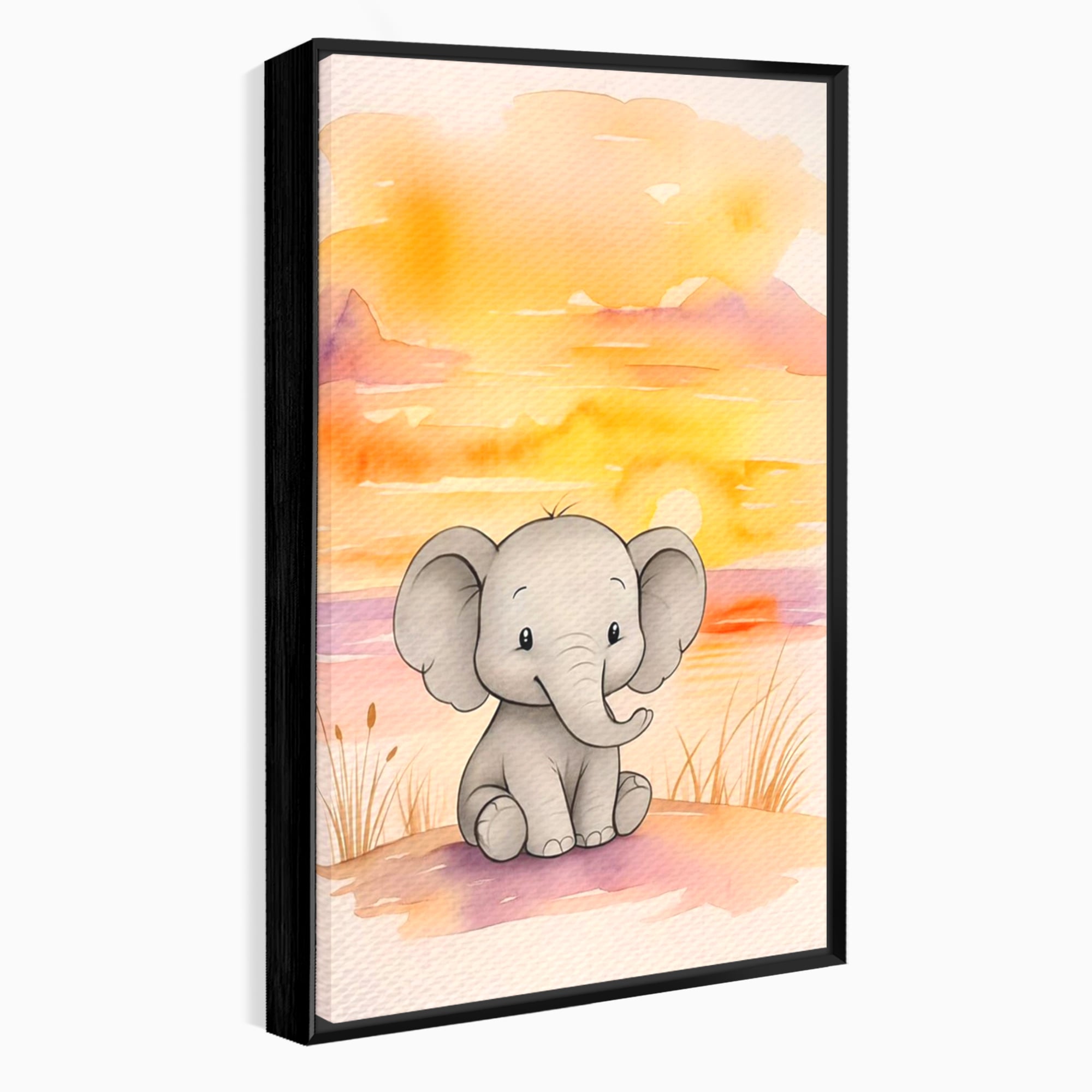 Tablou Canvas Premium, LuxCanva® K1050, Elefantelul de la Apus, Seara, Calda, Savana, Vise, Soare, Zambet, Urechi, Inima, Blanda, Portocaliu, Liliac, Acuarela, Camera Copil, Dormitor