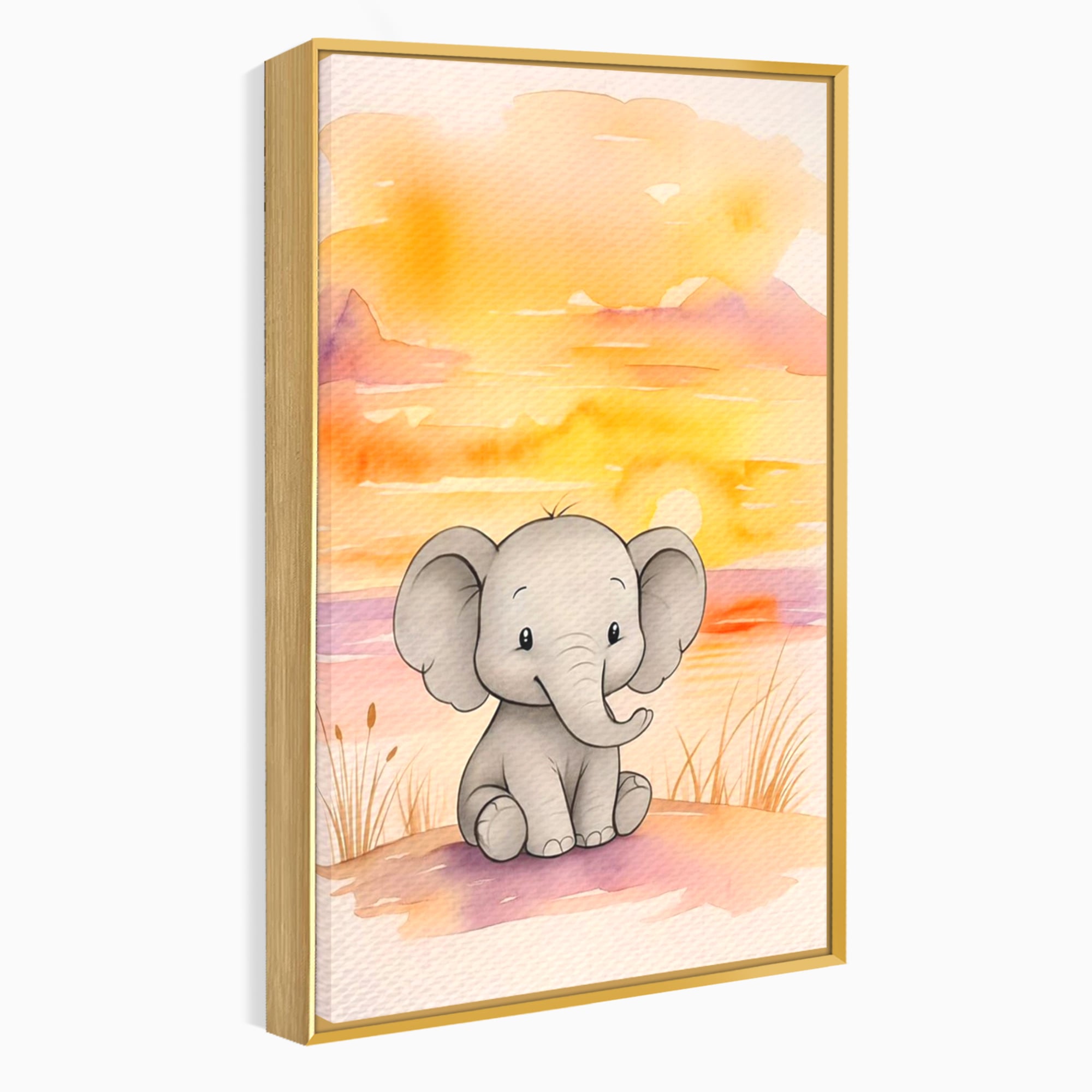 Tablou Canvas Premium, LuxCanva® K1050, Elefantelul de la Apus, Seara, Calda, Savana, Vise, Soare, Zambet, Urechi, Inima, Blanda, Portocaliu, Liliac, Acuarela, Camera Copil, Dormitor